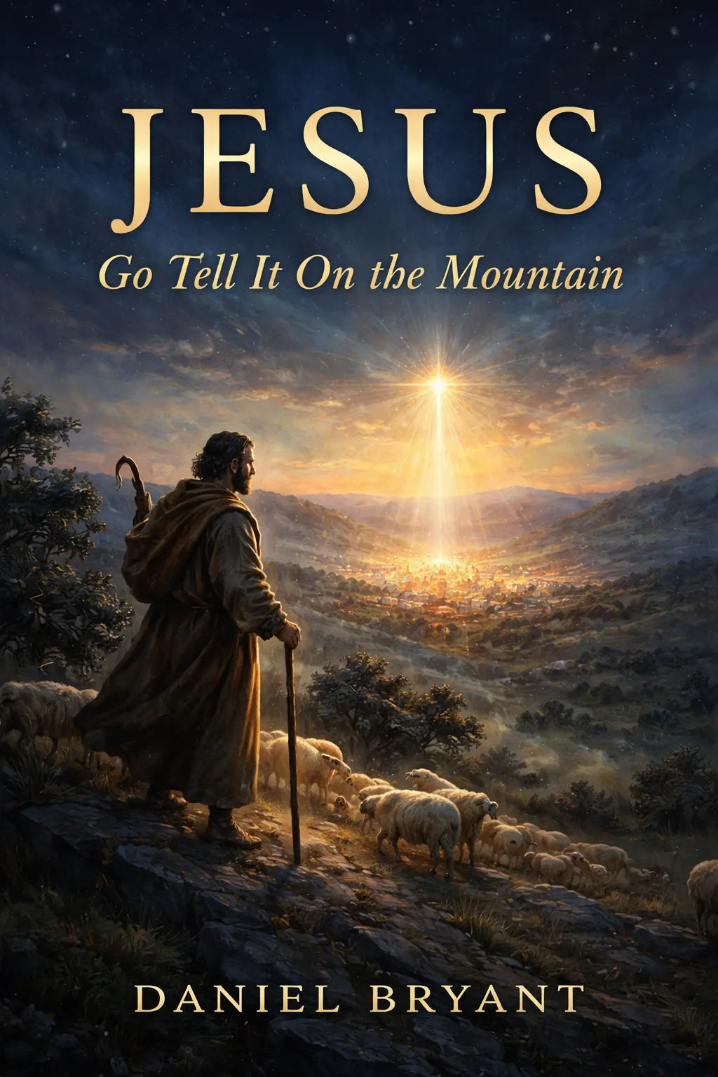 Shepherd with staff and sheep on mountain at sunset, bright star shines over distant village, book cover.