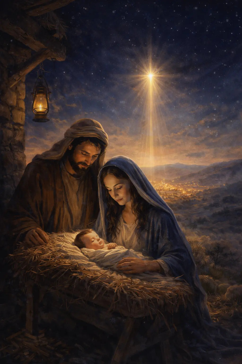 Nativity scene with Mary, Joseph, baby in manger, and bright star overhead, night setting
