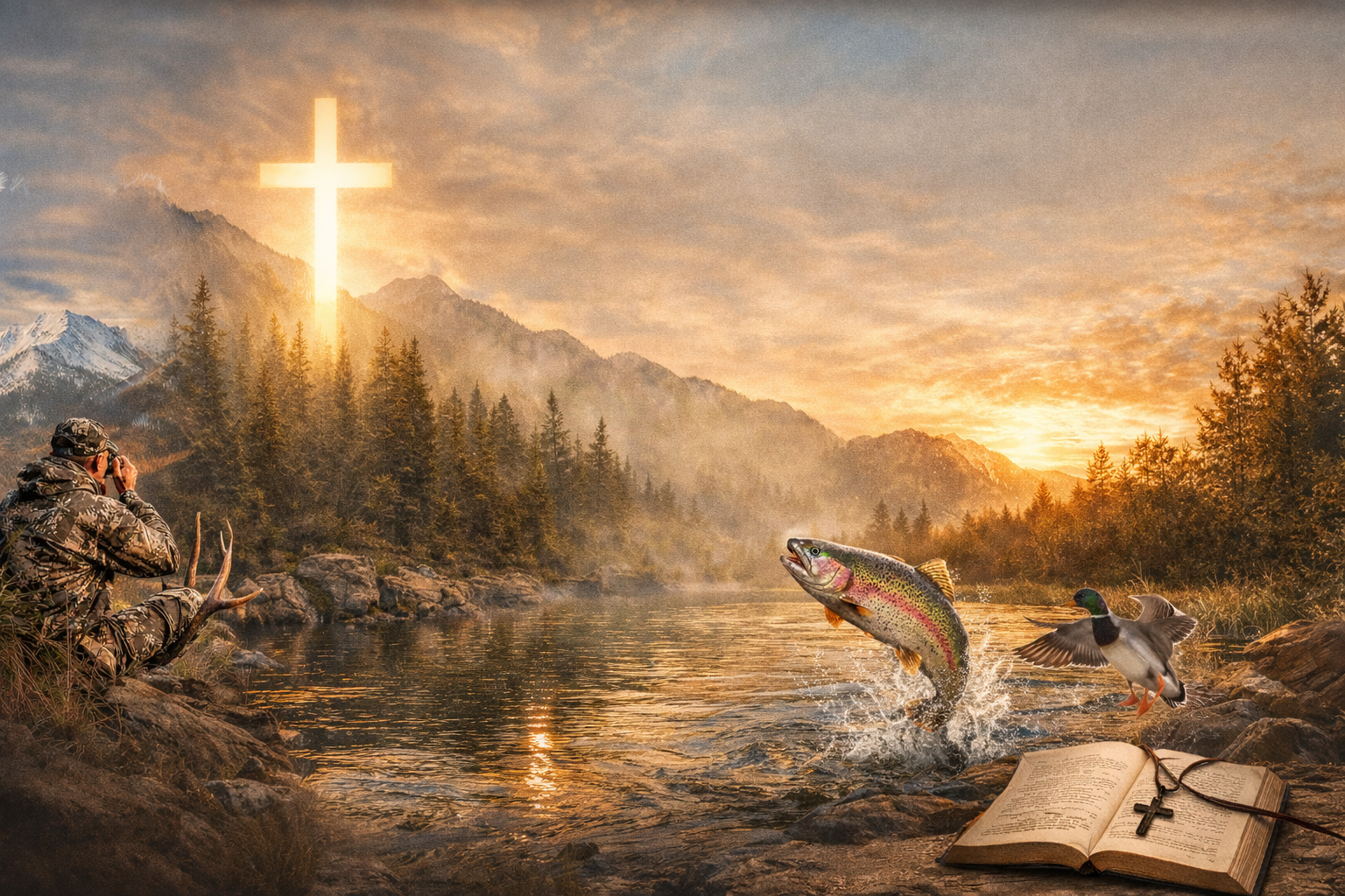 Sunrise mountain river scene with glowing cross, hunter, jumping trout, duck, and open Bible.