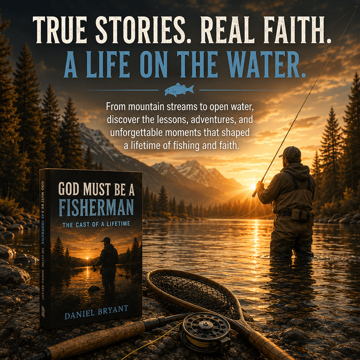 Fly fisherman at sunset with 'God Must Be a Fisherman' book, faith, fishing, and mountain stream adventures.