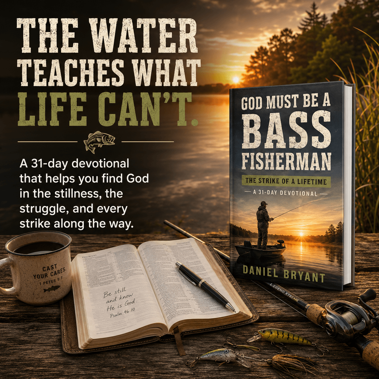 Christian devotional book 'God Must Be a Bass Fisherman' by Daniel Bryant, fishing gear, Bible, and coffee at sunset
