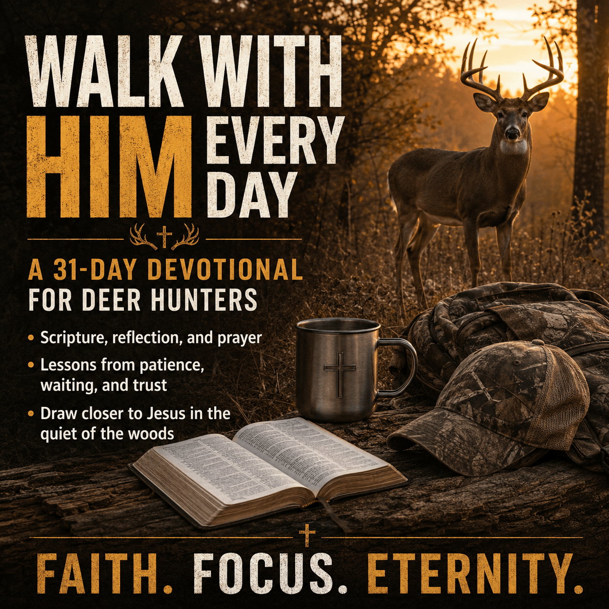 Deer hunting devotional book with Bible, cross mug, and camo gear in woods at sunset