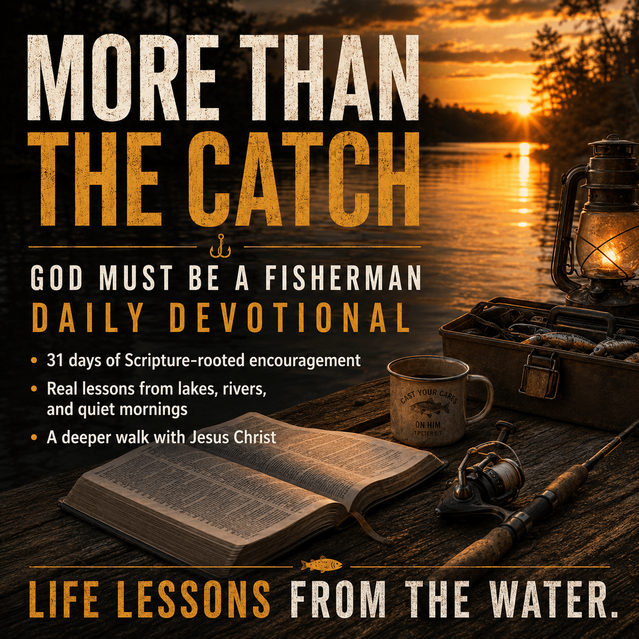 Fishing devotional book 'More Than the Catch' with Bible, rod, lantern by sunset lake, faith & nature