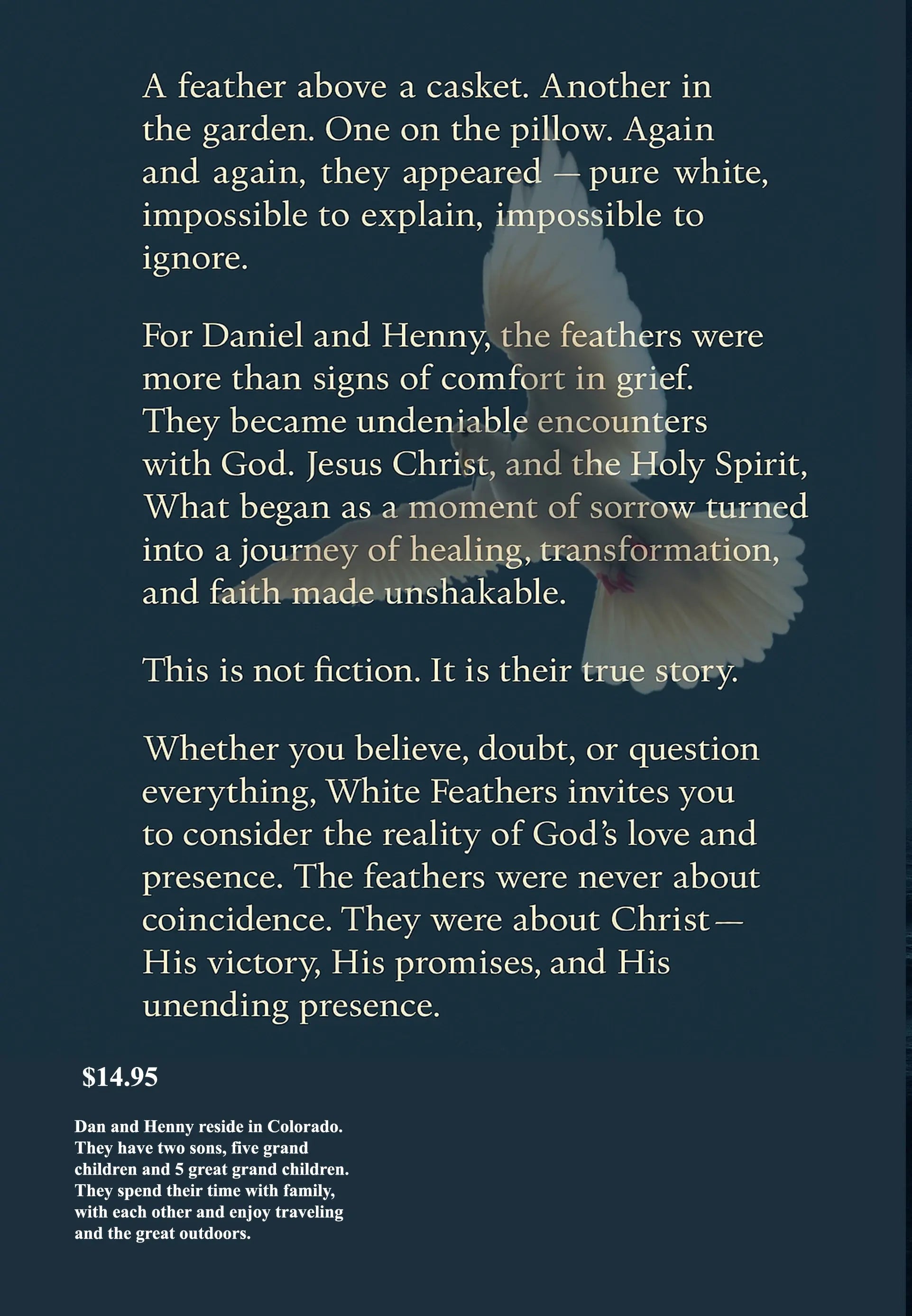 Back cover of Christian book with inspirational text and a white feather on a dark background