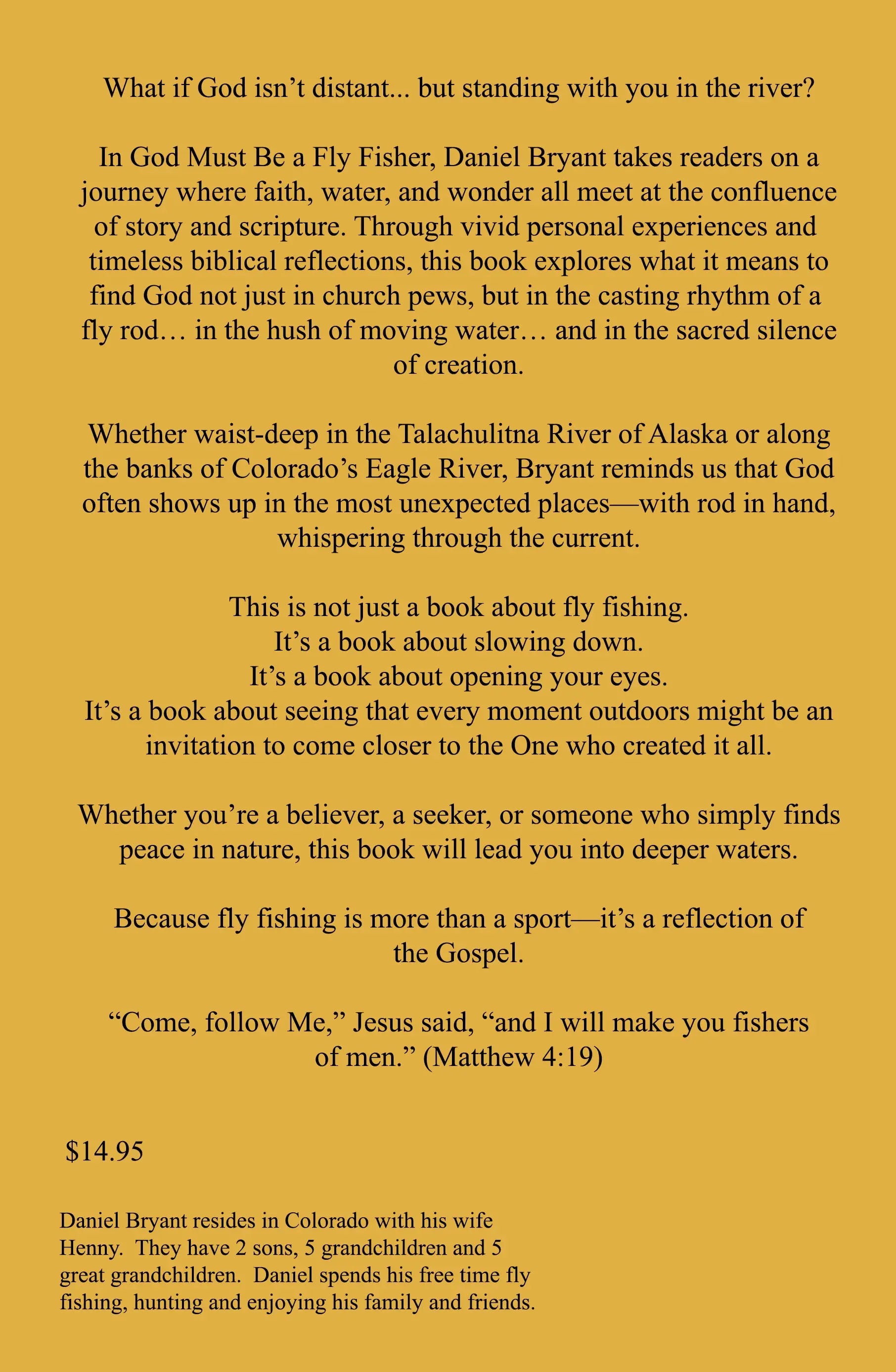 Back cover of 'God Must Be a Fly Fisher' book featuring Christian devotional text about faith, fly fishing, and nature.