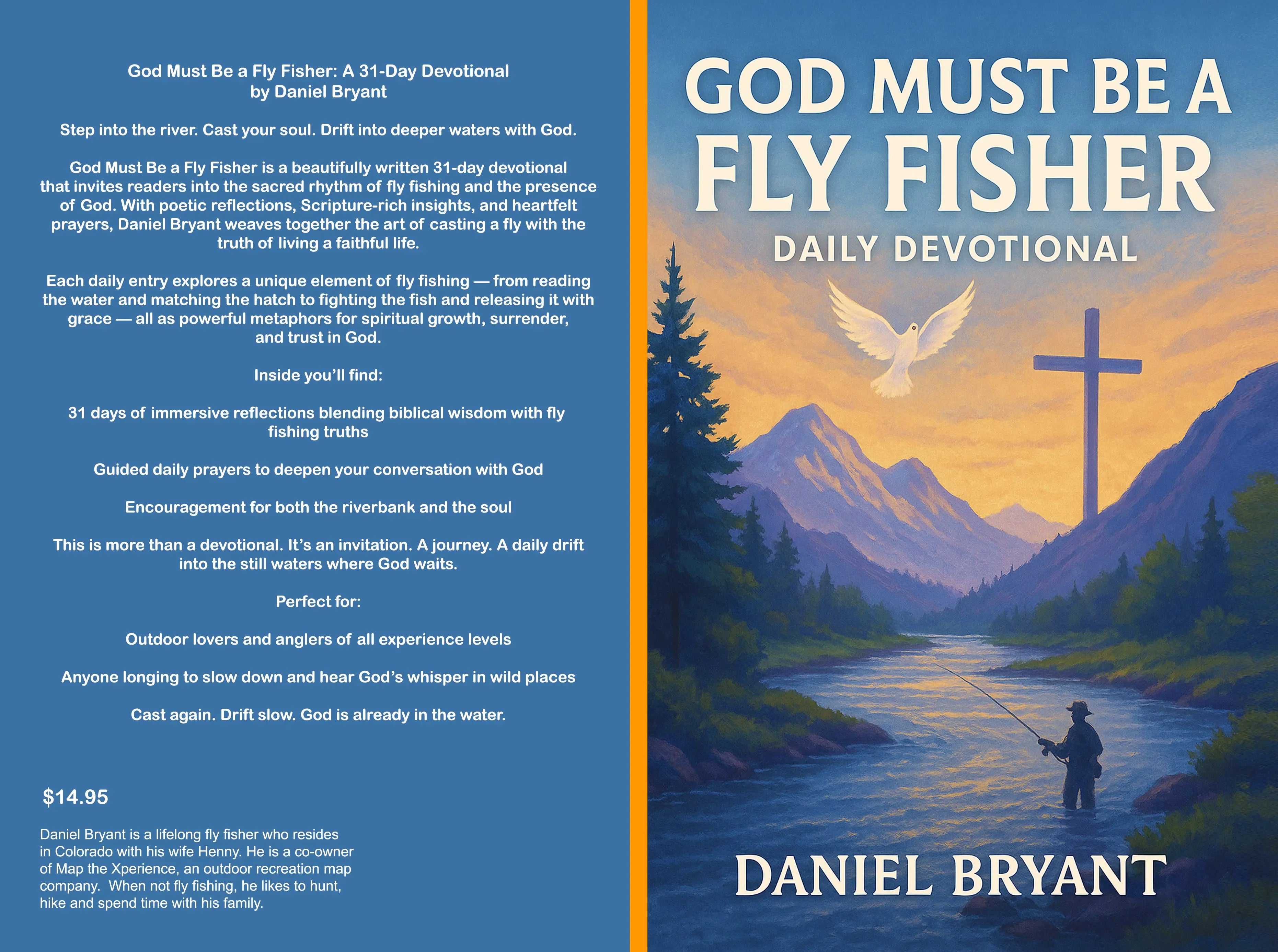 Christian devotional book cover with a fly fisher in a river, cross, and dove at sunrise.