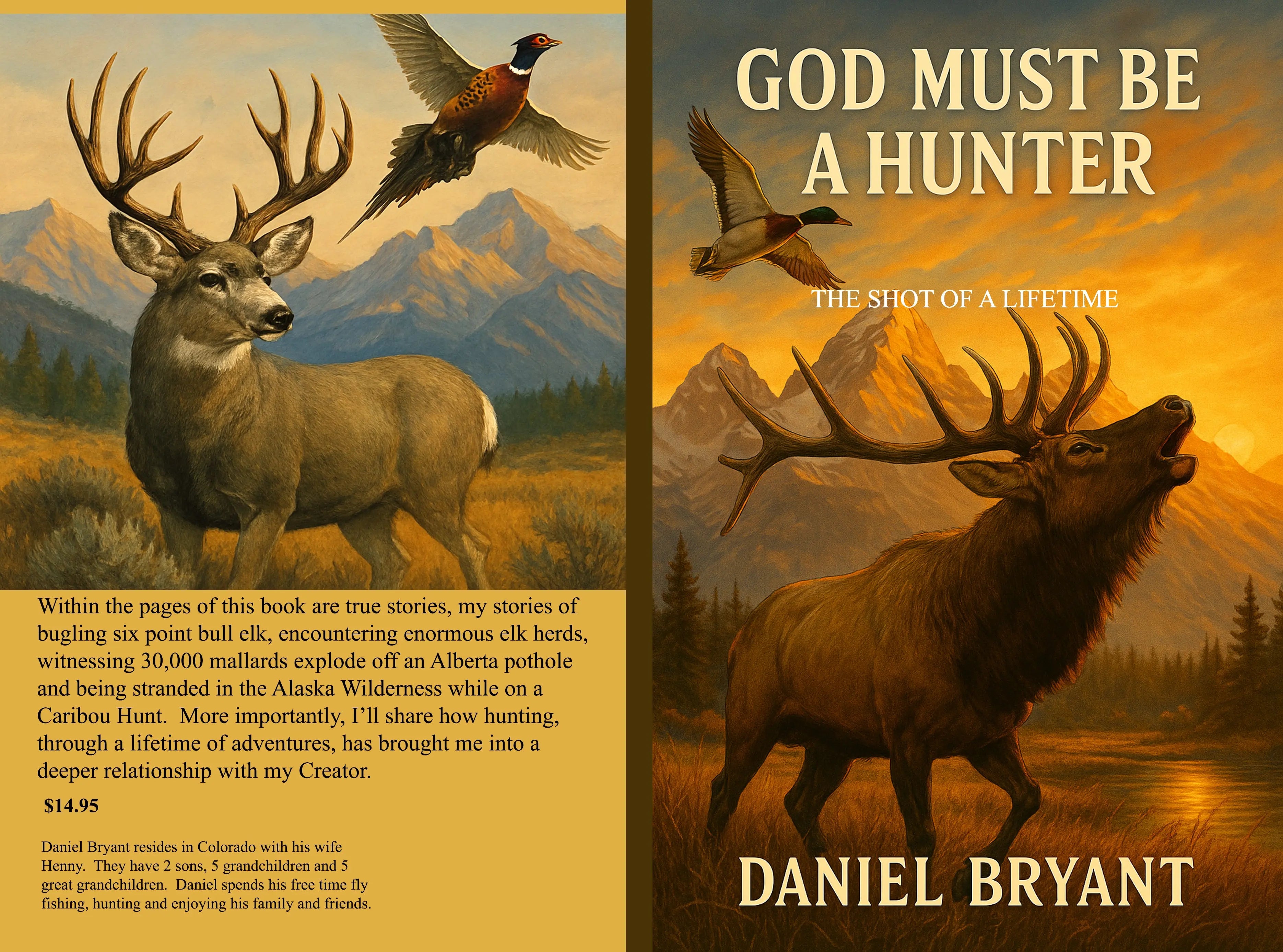 Book cover shows elk and birds in a scenic mountain landscape at sunset for a Christian hunting devotional.