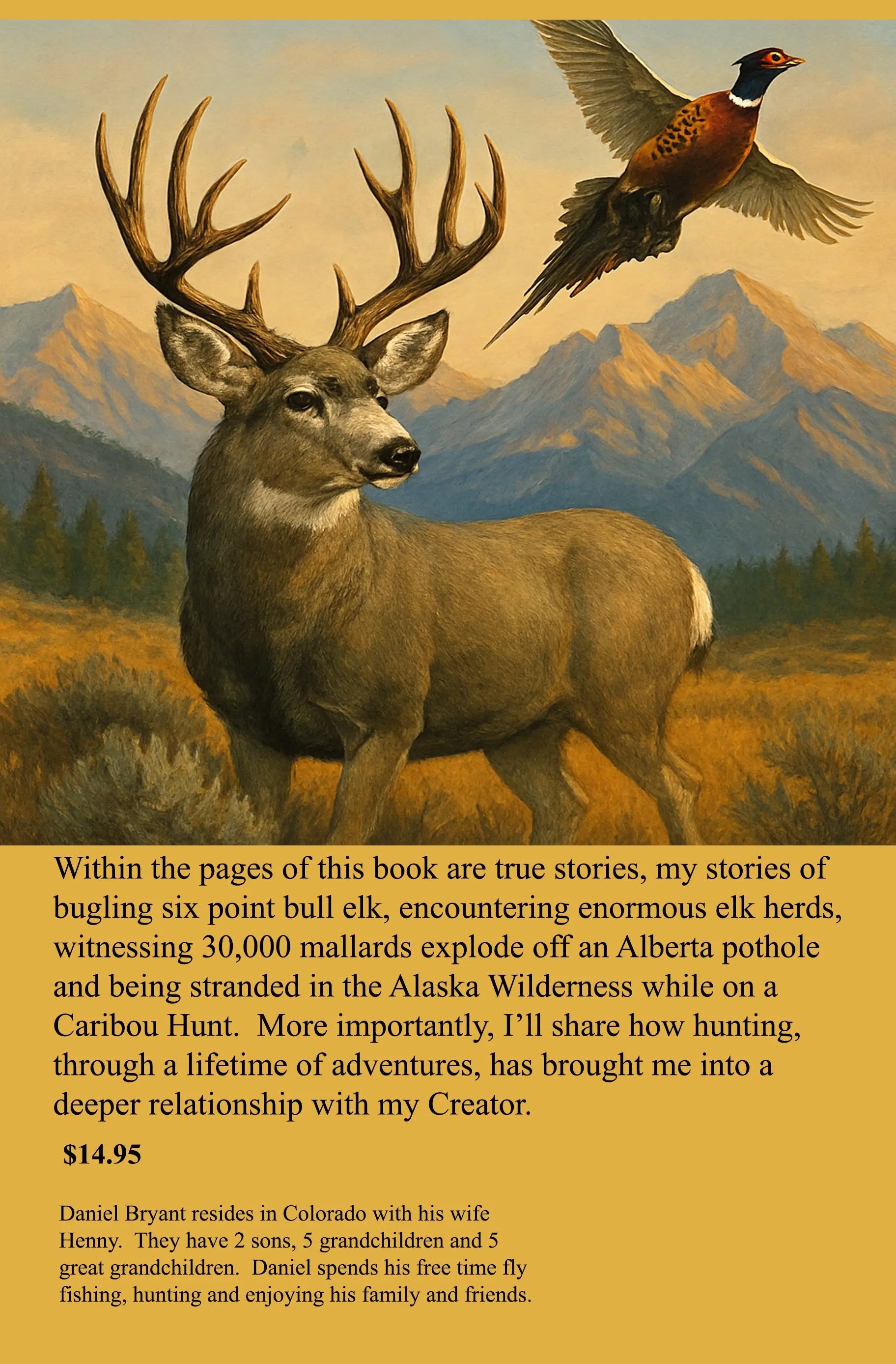 Book cover with deer, pheasant in flight, mountains, and outdoor Christian hunting theme.