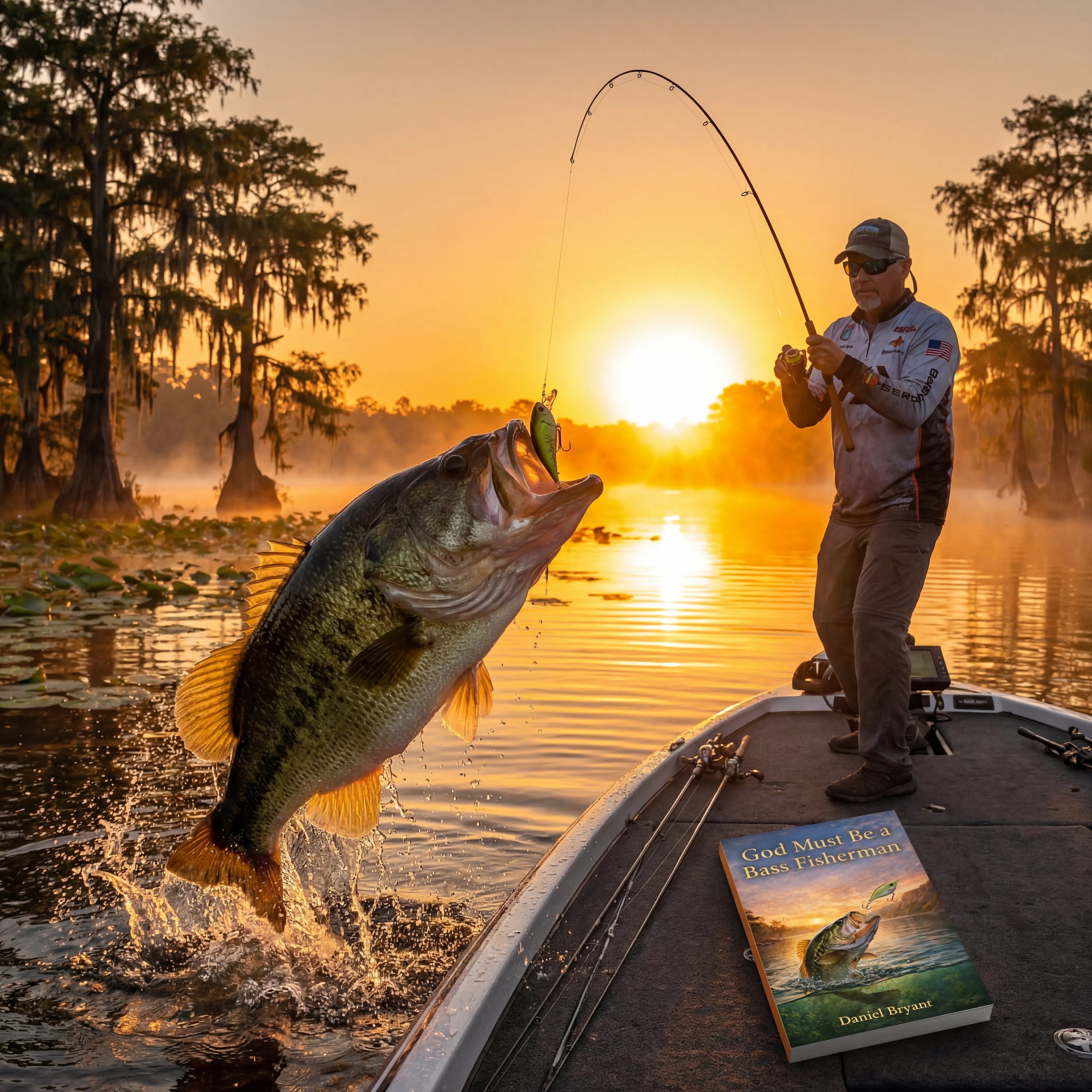 Man fishing for largemouth bass at sunrise on a lake, with Christian fishing book on boat deck.