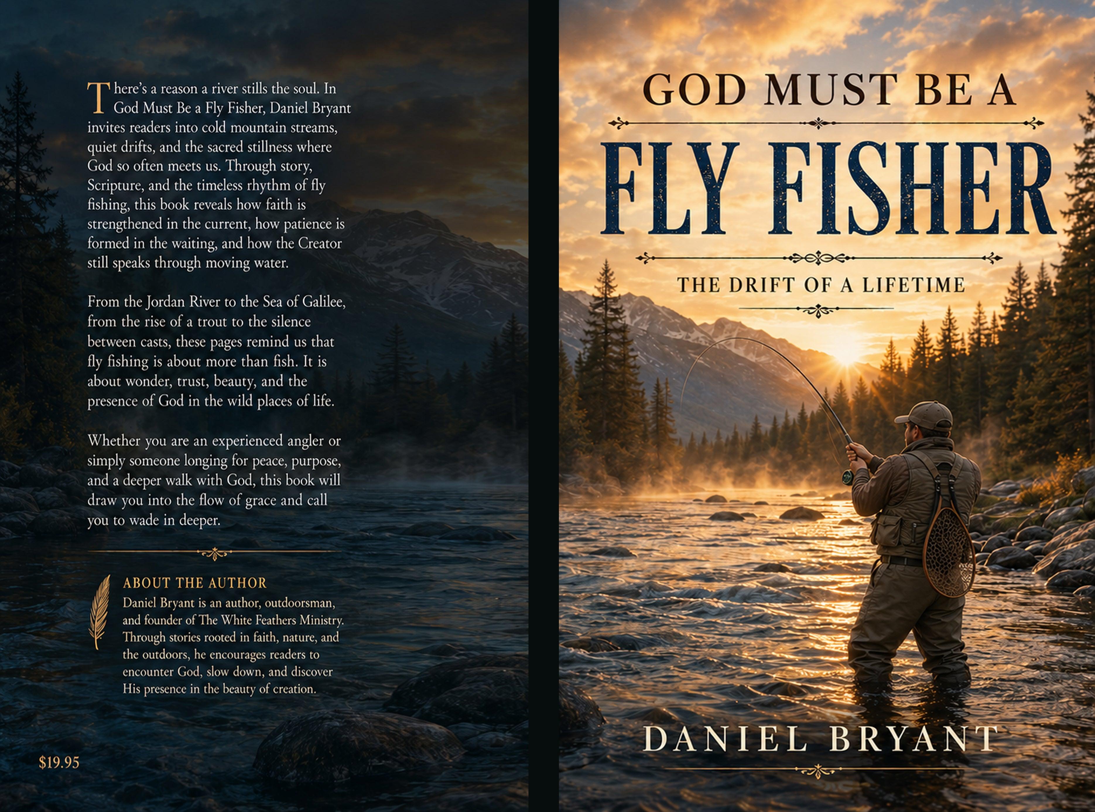 Fly fisherman wading in mountain stream at sunset, cover of 'God Must Be a Fly Fisher' by Daniel Bryant