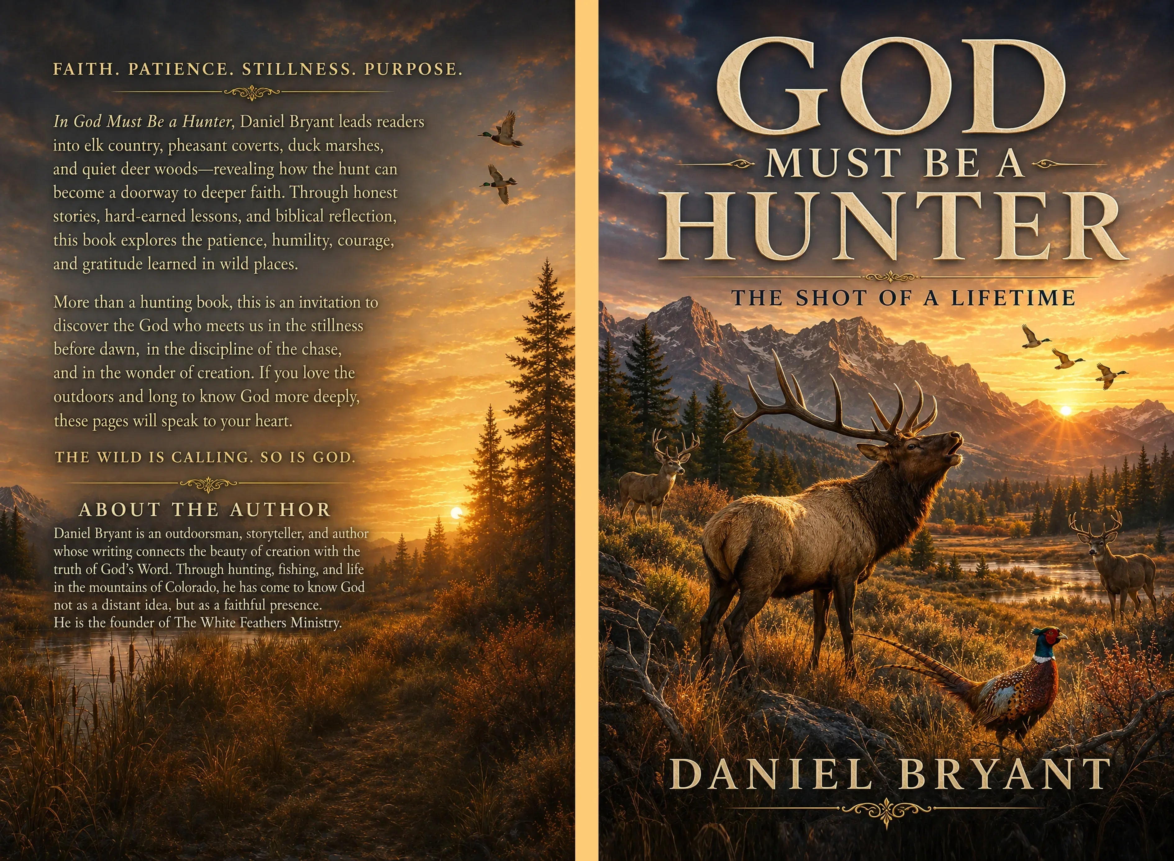 Christian hunting book cover with elk, pheasant, mountains at sunset, by Daniel Bryant