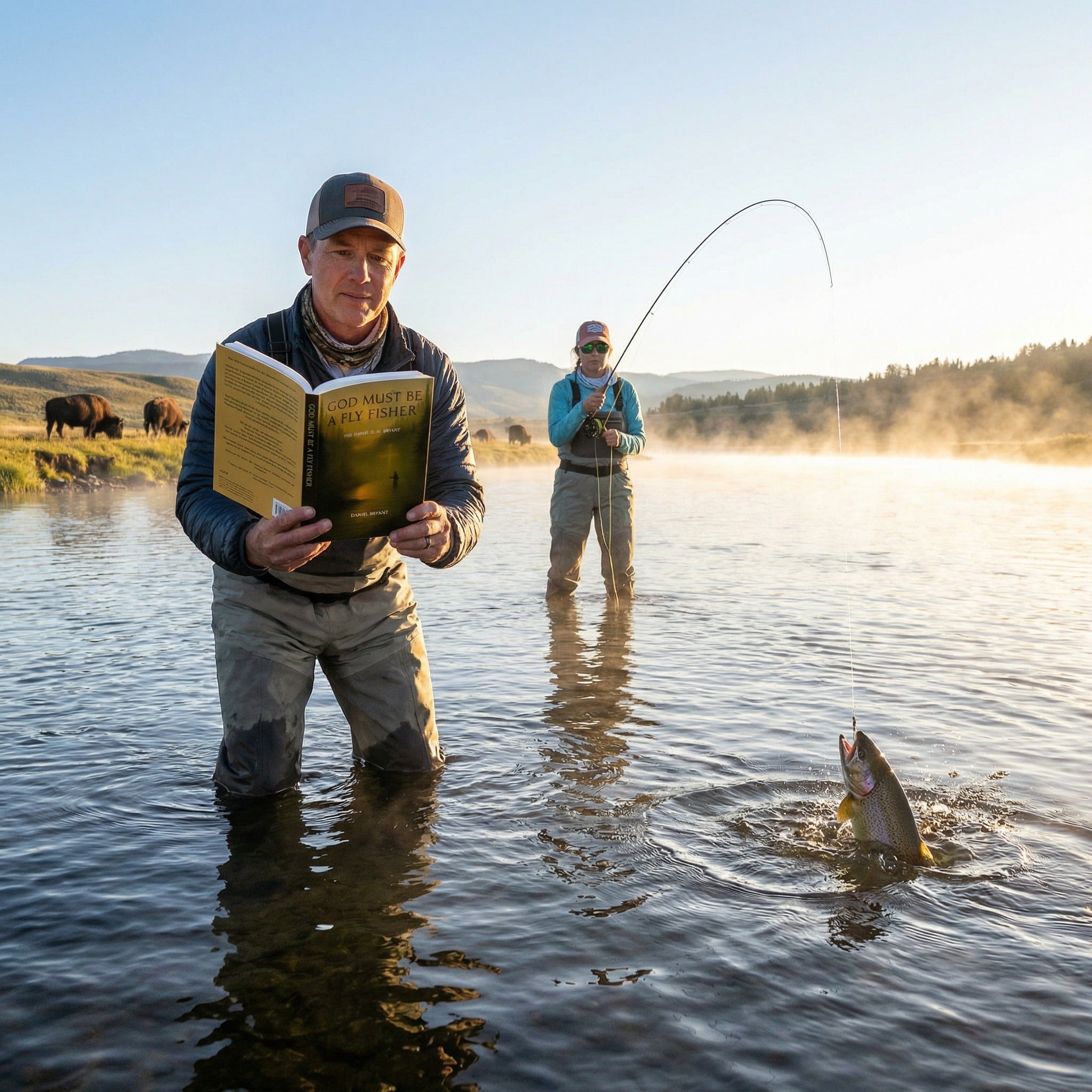 Two anglers in a river, one reading 'God Must Be a Fly Fisher,' with a caught trout.