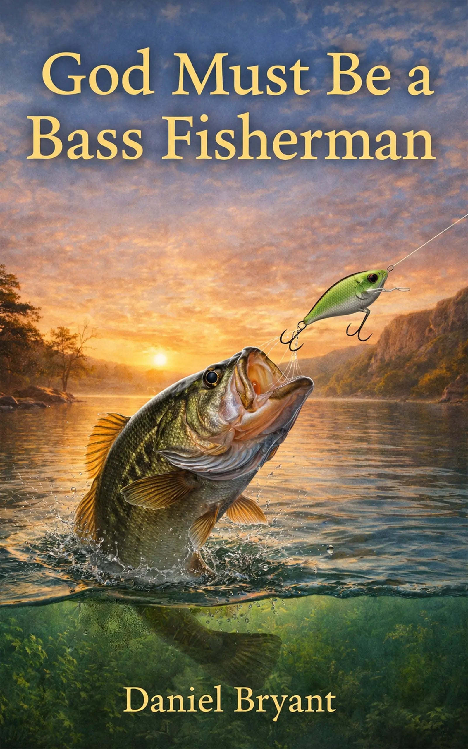 Book cover with a largemouth bass jumping for a fishing lure at sunset on a lake.