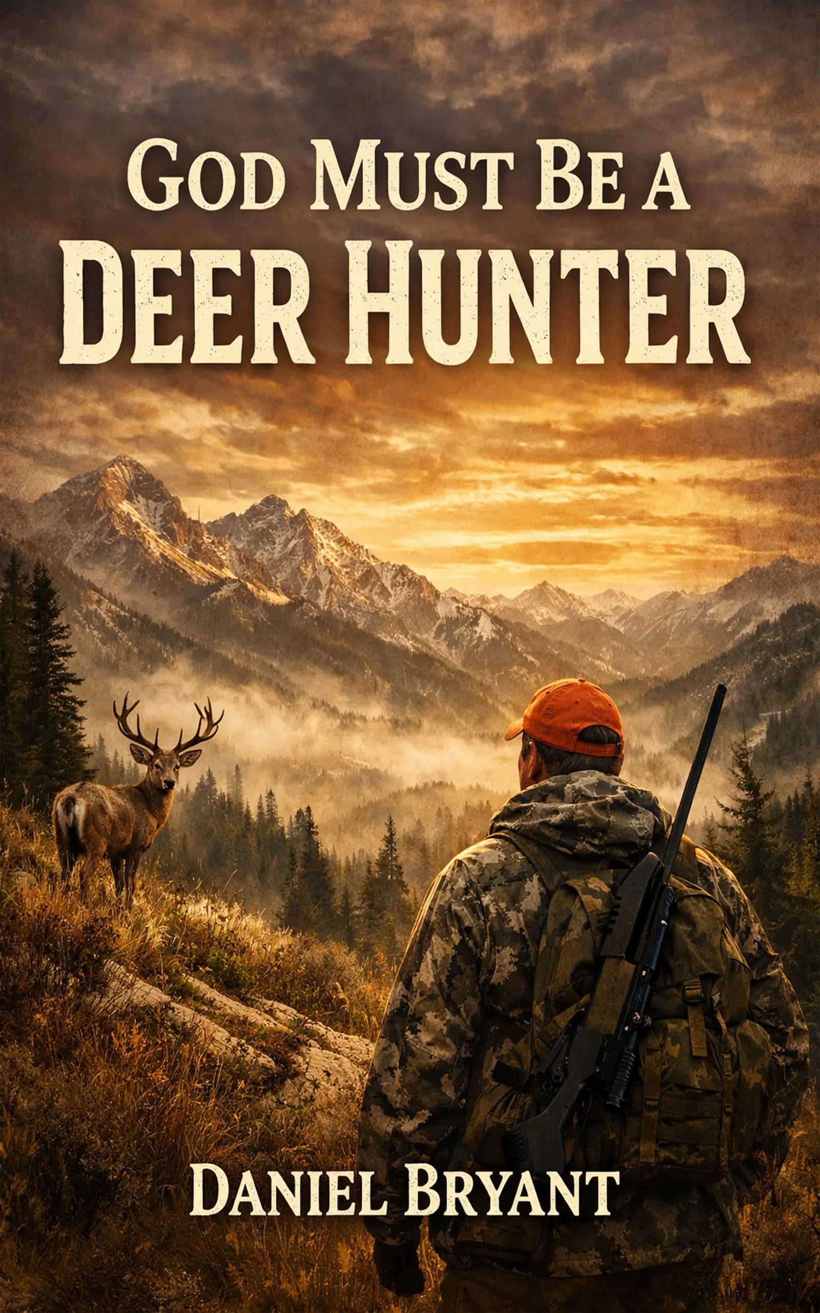 Book cover shows hunter in camo with rifle facing deer at sunrise in mountain wilderness.