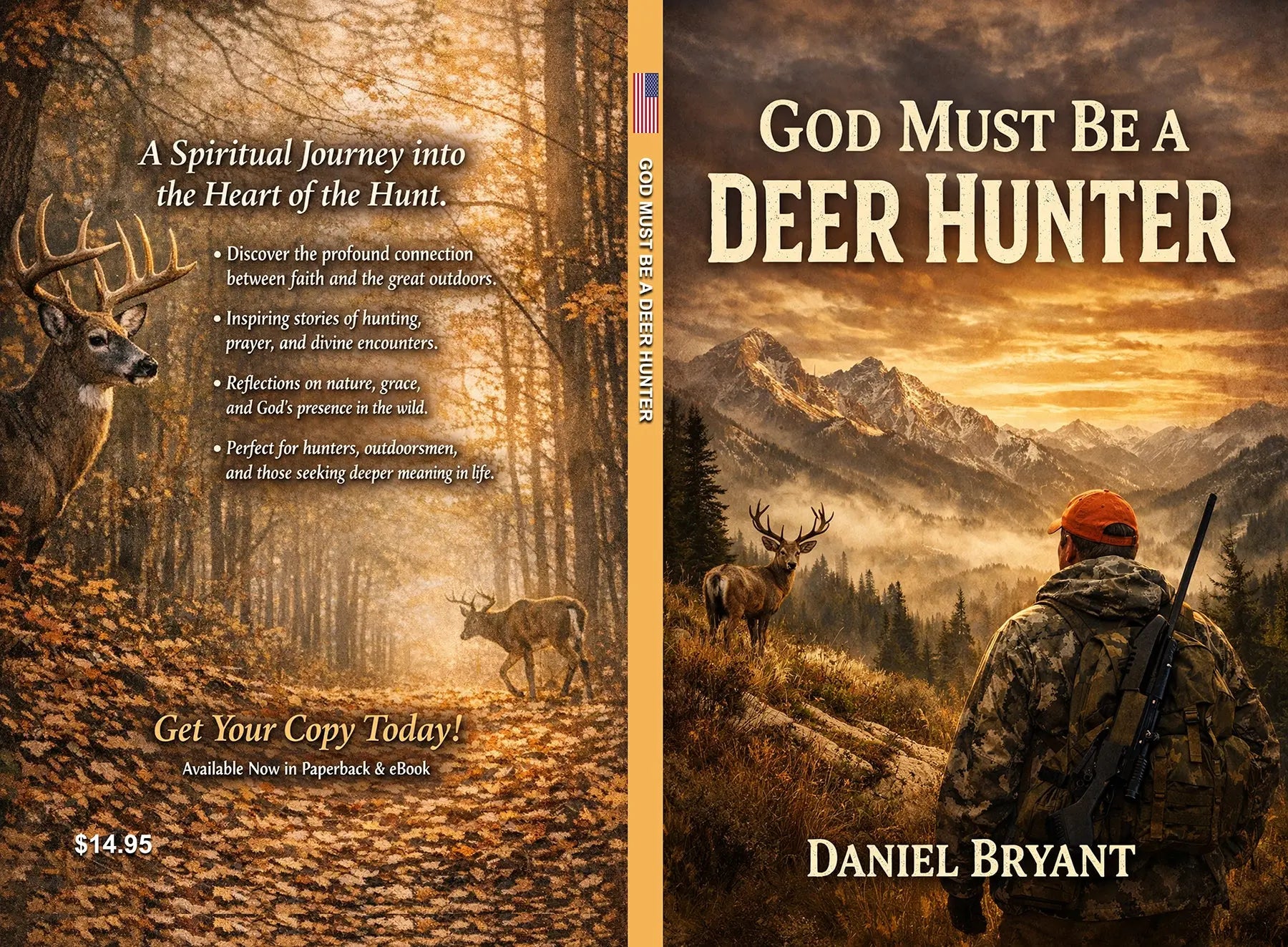 Deer hunter in autumn forest with rifle facing buck, mountain background, Christian outdoors book cover