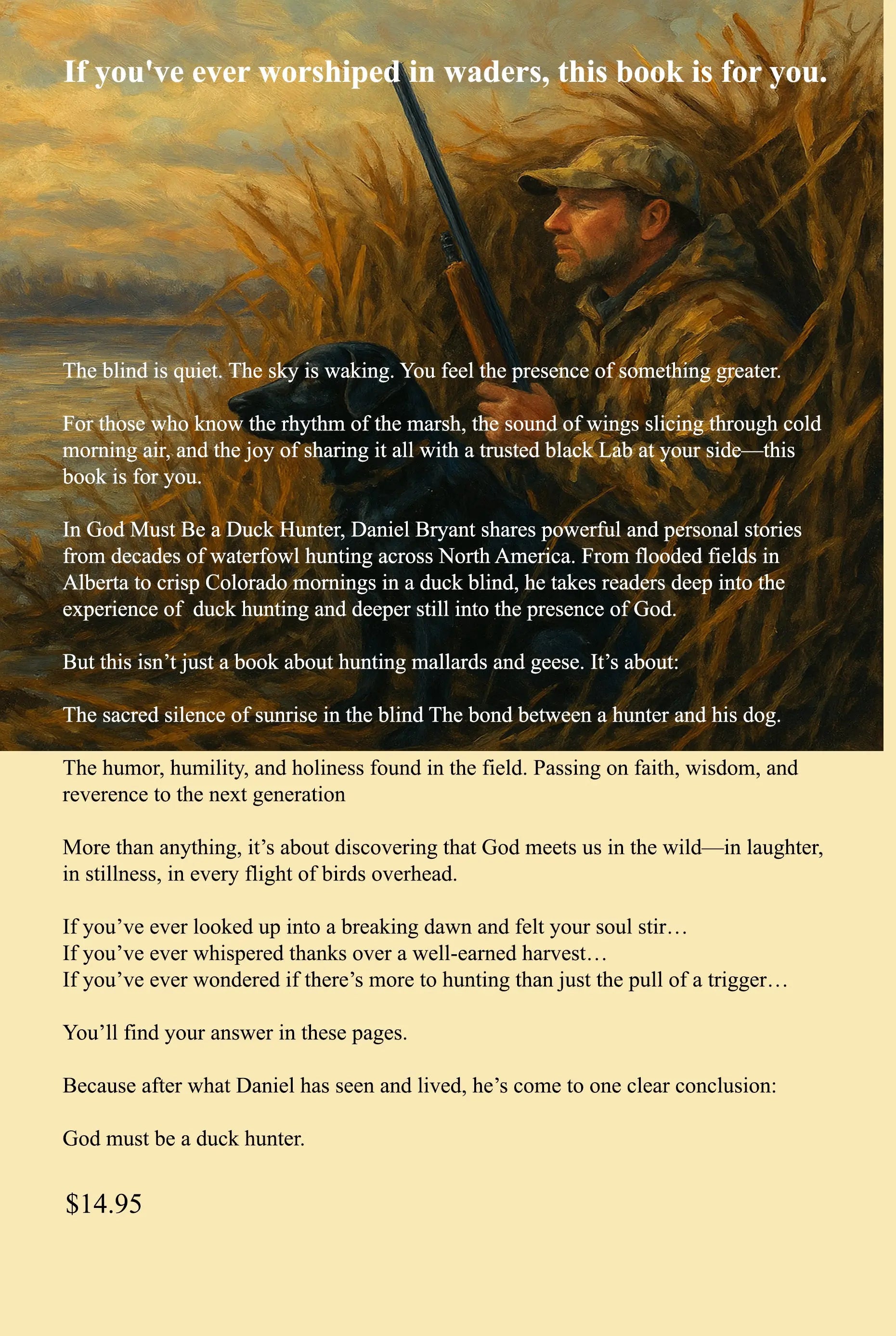 Back cover of Christian hunting book with man and black Lab in marsh at sunrise, holding shotgun.