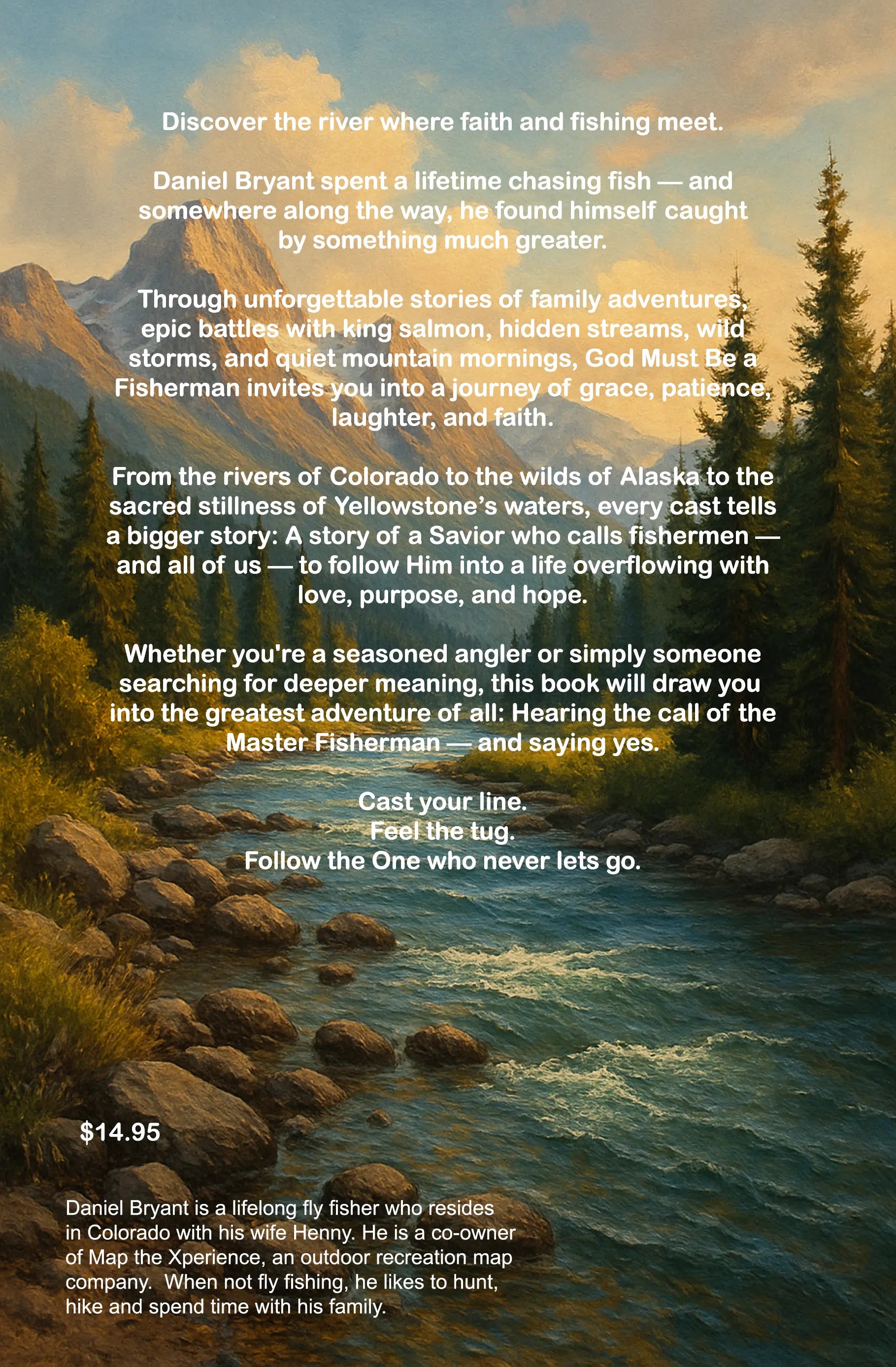 Christian book back cover with river landscape, forest, and inspirational fishing-themed text.