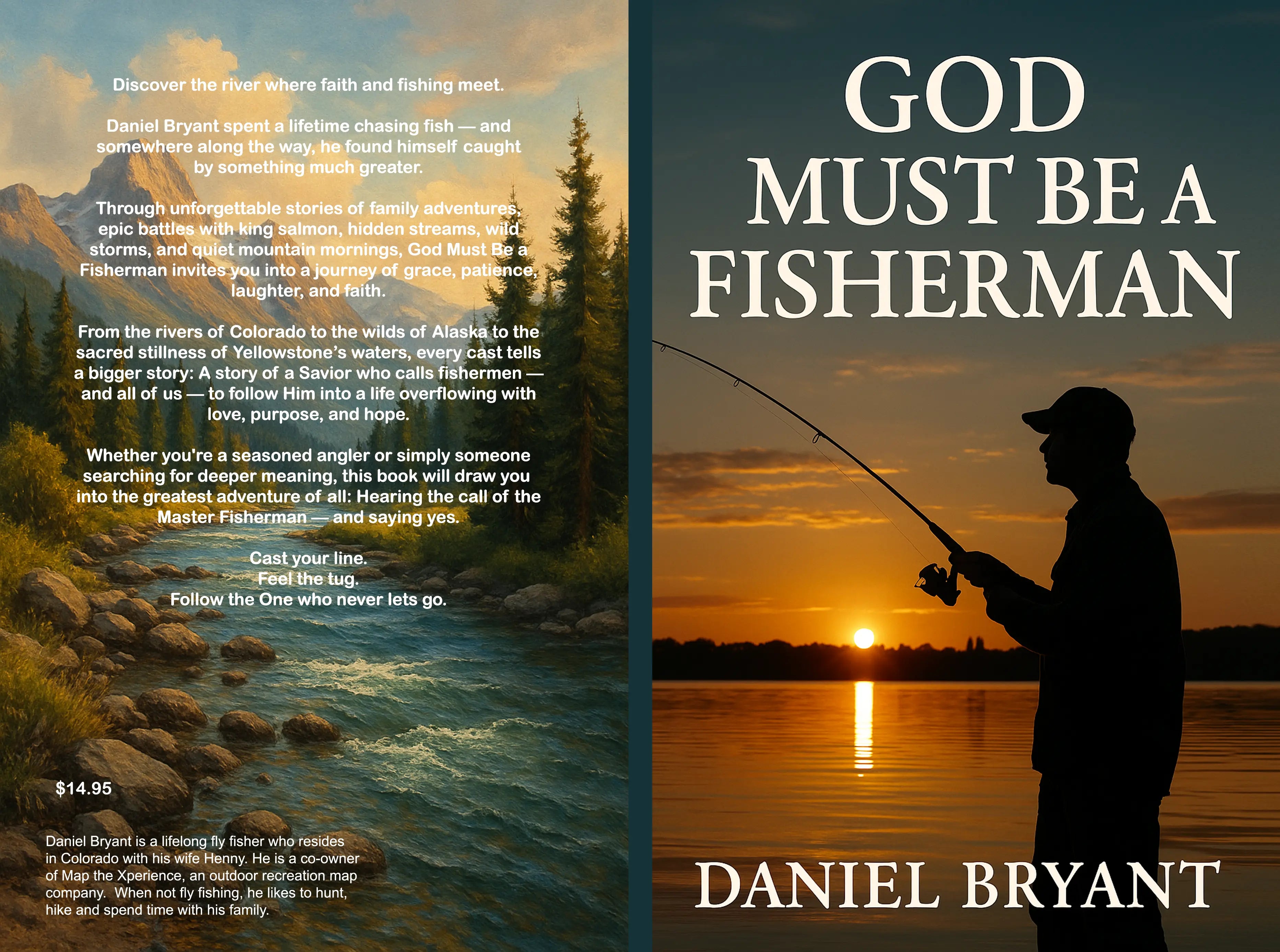Book cover for 'God Must Be a Fisherman' with a sunset silhouette of a man fishing and a scenic river landscape.