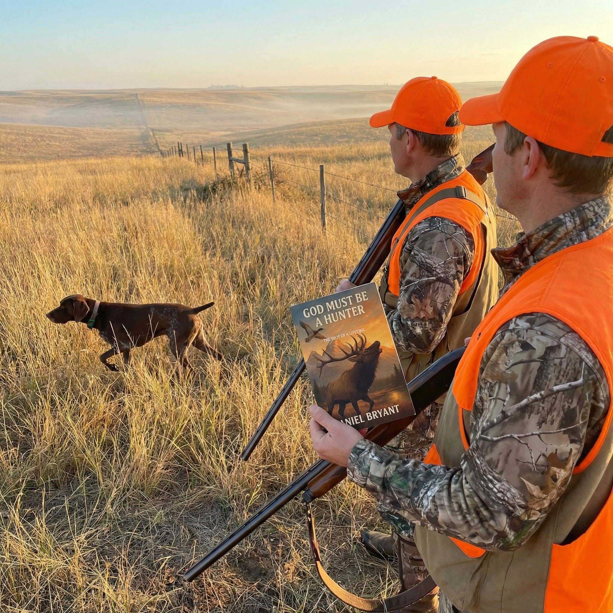 Two hunters in orange vests with a hunting dog hold the book 'God Must Be a Hunter' in a sunlit field.