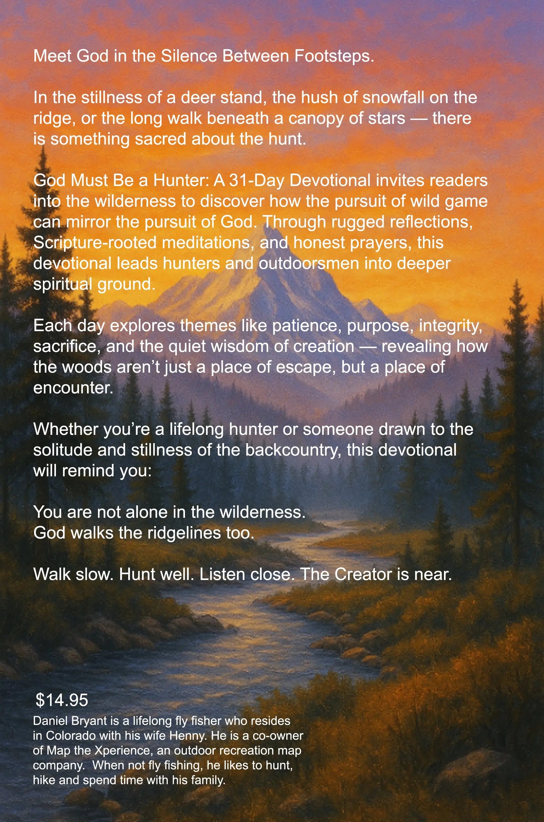 Back cover of Christian hunting devotional with mountain, forest, river at sunset, and book summary text.