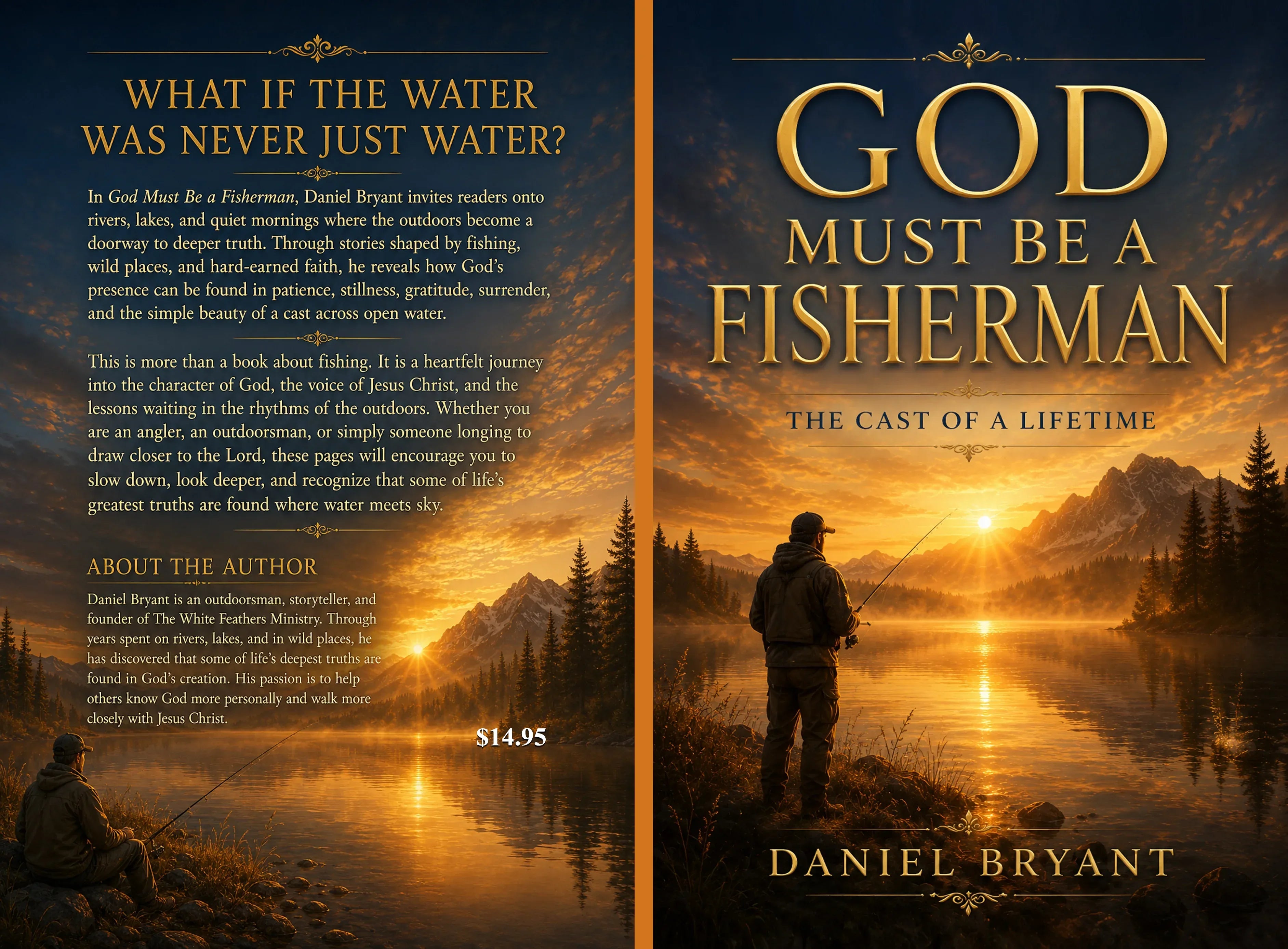 Christian fishing devotional book cover: God Must Be a Fisherman by Daniel Bryant, featuring a fisherman at sunrise on a lake with mountains, evoking faith, patience, and creation.