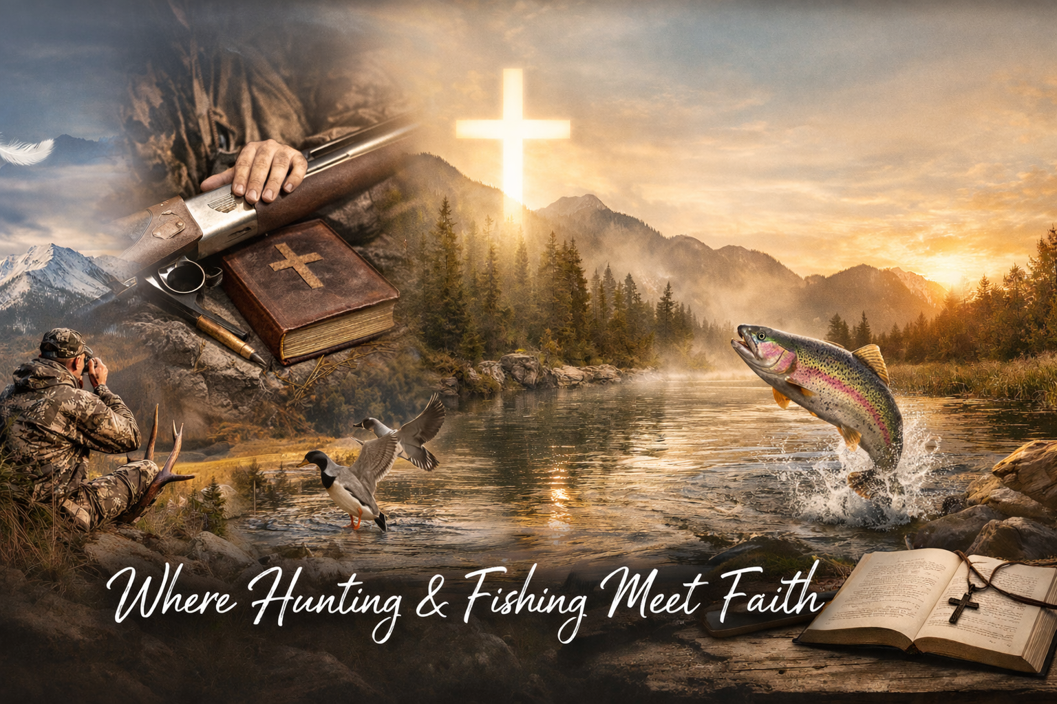 Christian hunting and fishing scene with Bible, cross, shotgun, outdoors, and leaping trout