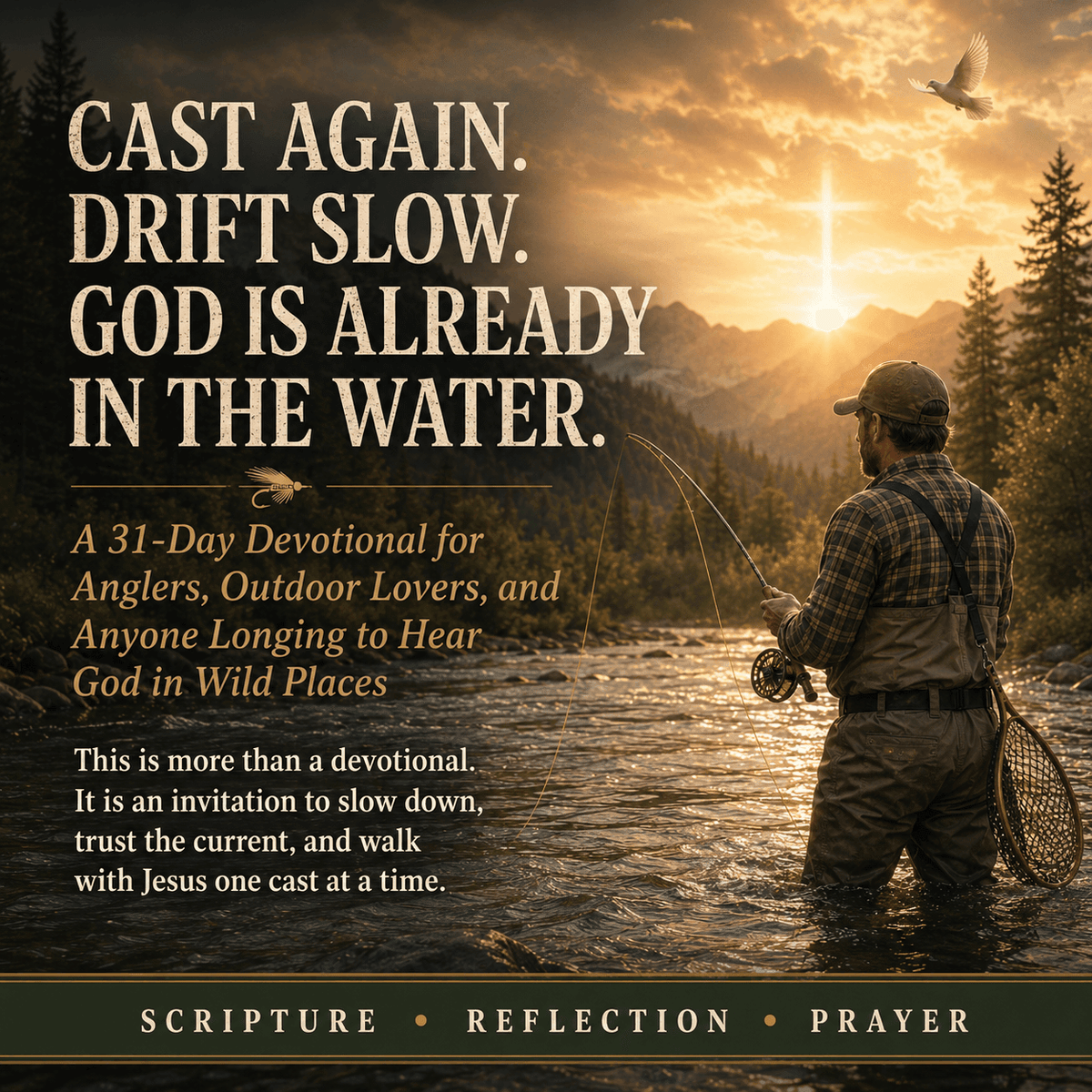 Man fly fishing in a river at sunset with a Christian devotional text overlay.