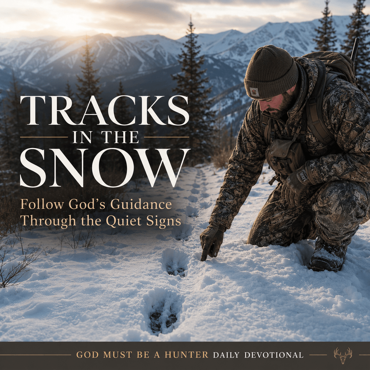 Hunter in camouflage gear tracking animal prints in snowy mountains for a Christian devotional.