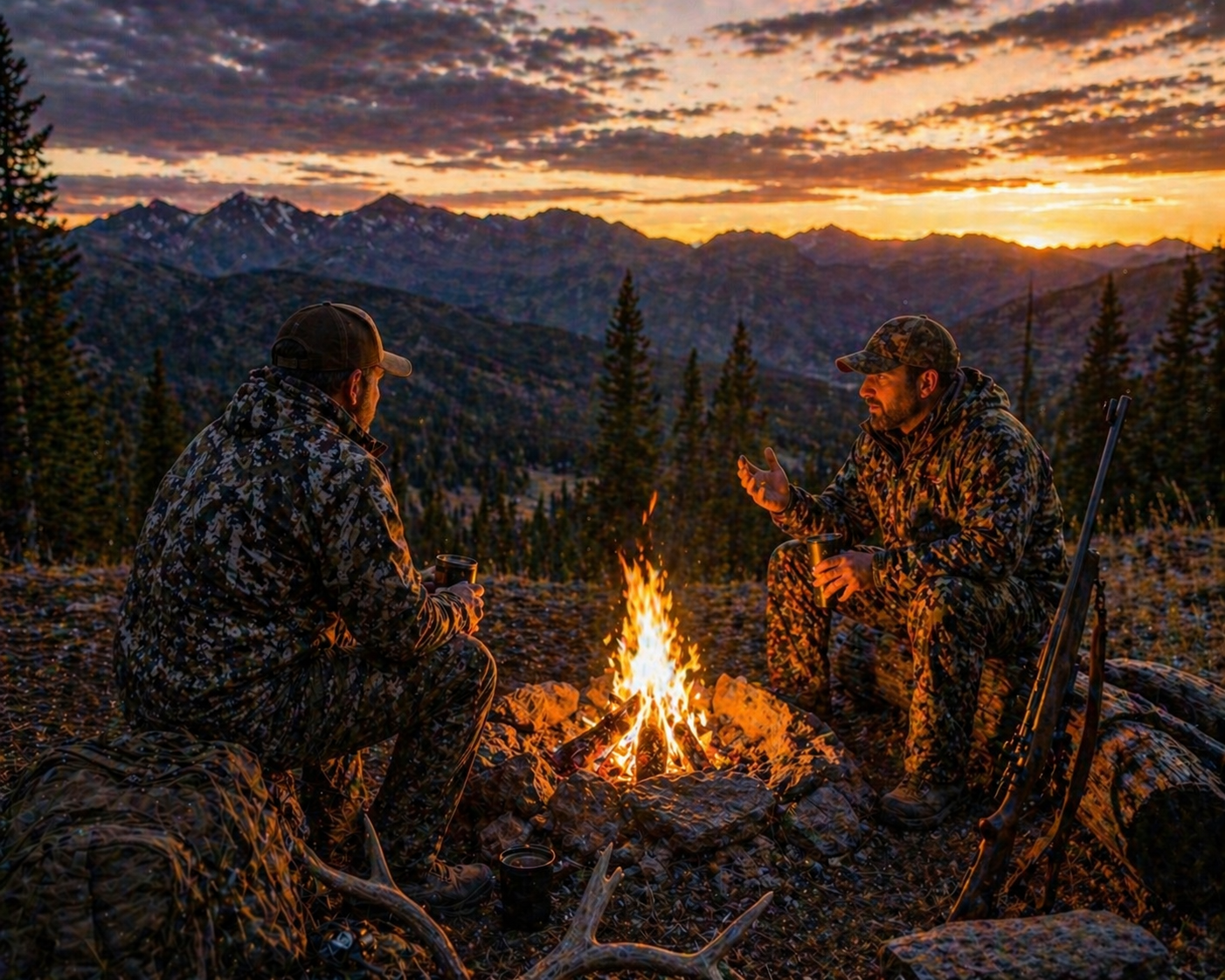 hunters sitting around a campfire