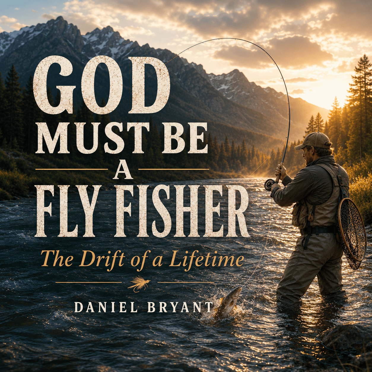 Fly fisherman casting in mountain river at sunset, book cover 'God Must Be a Fly Fisher' by Daniel Bryant