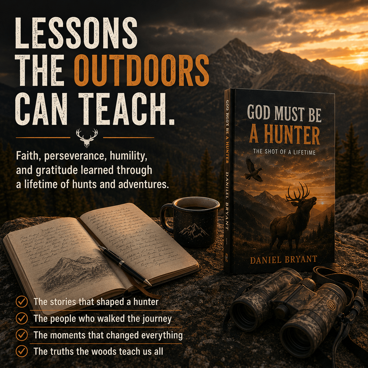 God Must Be a Hunter book by Daniel Bryant, outdoor faith lessons with binoculars, journal, and mountain sunset