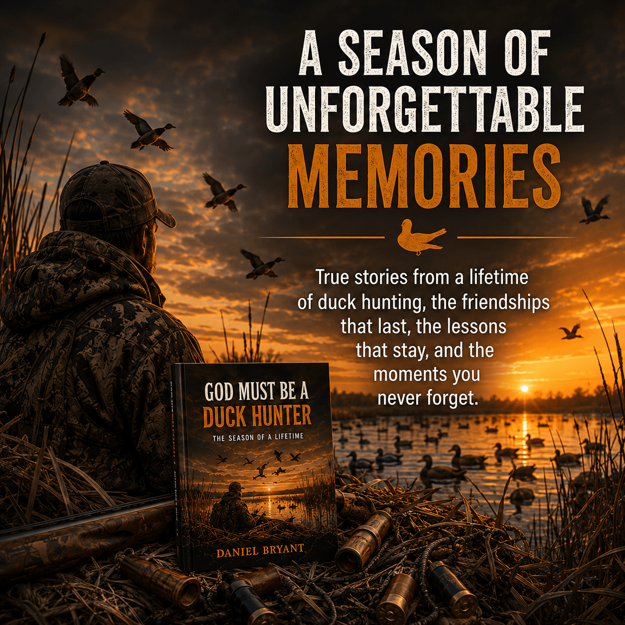 Duck hunter at sunset with 'God Must Be a Duck Hunter' book, shotgun shells, and flying ducks—faith, hunting, and nature memories.