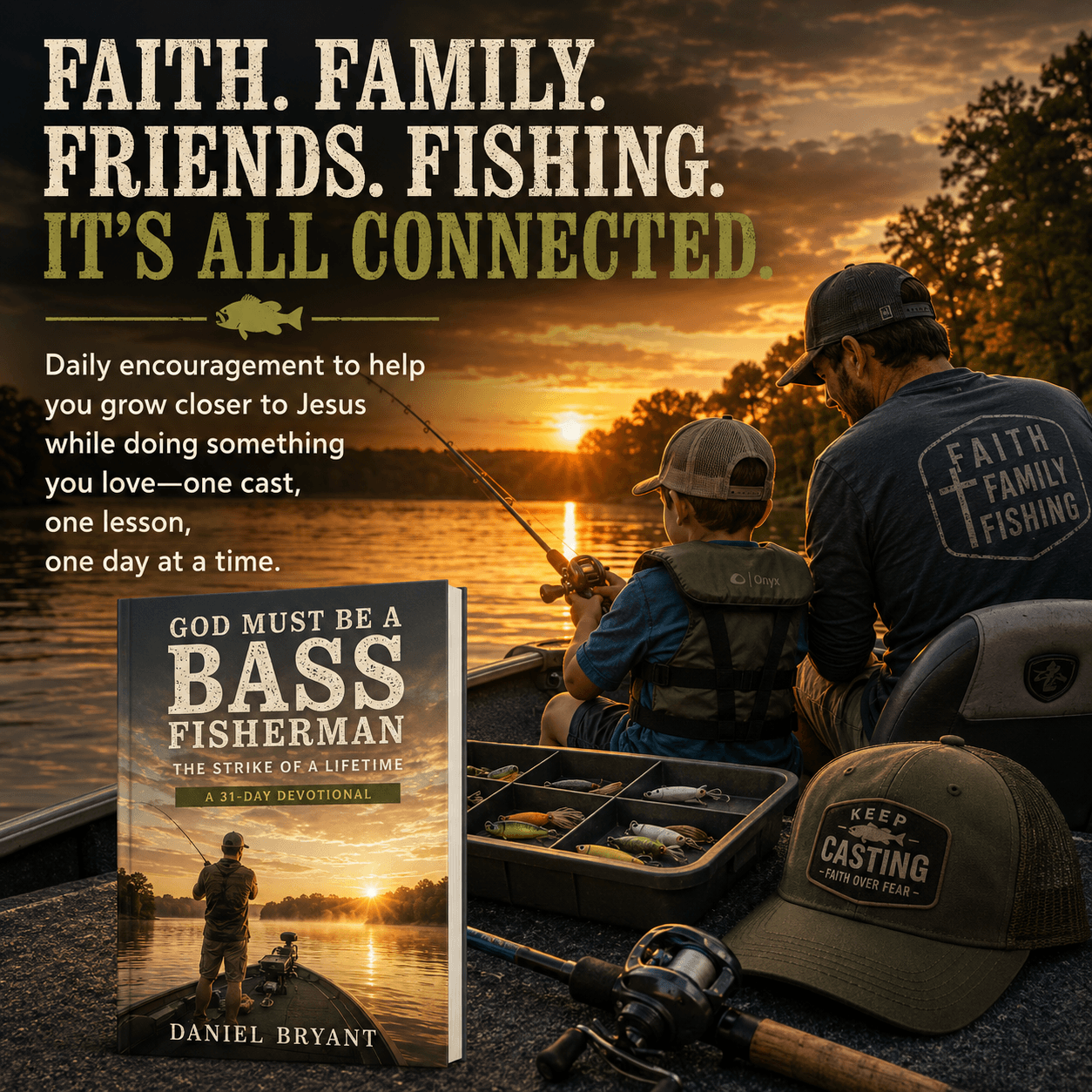 Father and son fishing at sunset with 'God Must Be a Bass Fisherman' devotional book, faith, family, fishing theme