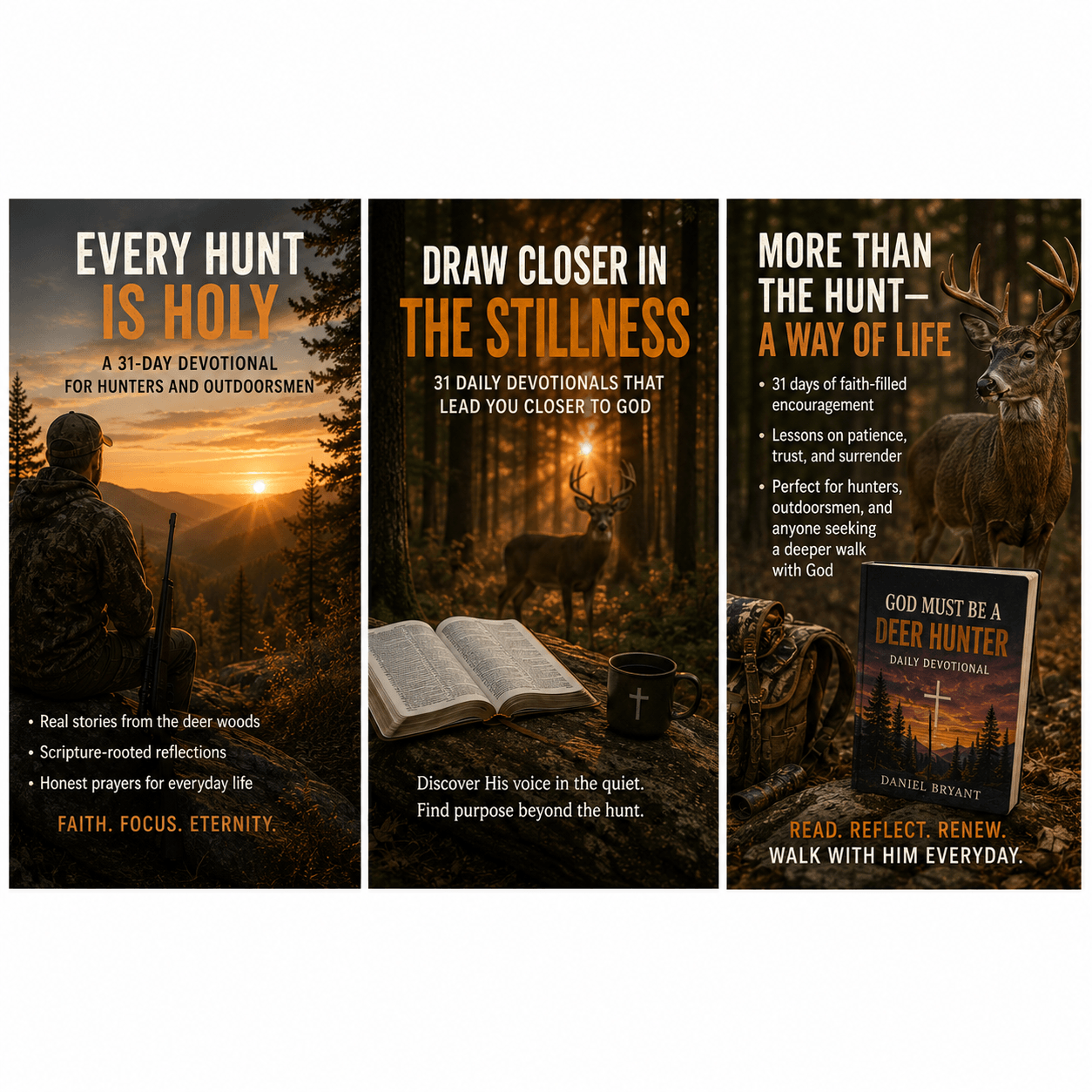 Christian devotional books for hunters & outdoorsmen: faith, stillness, and daily reflections in nature with deer, Bible, and sunset scenes