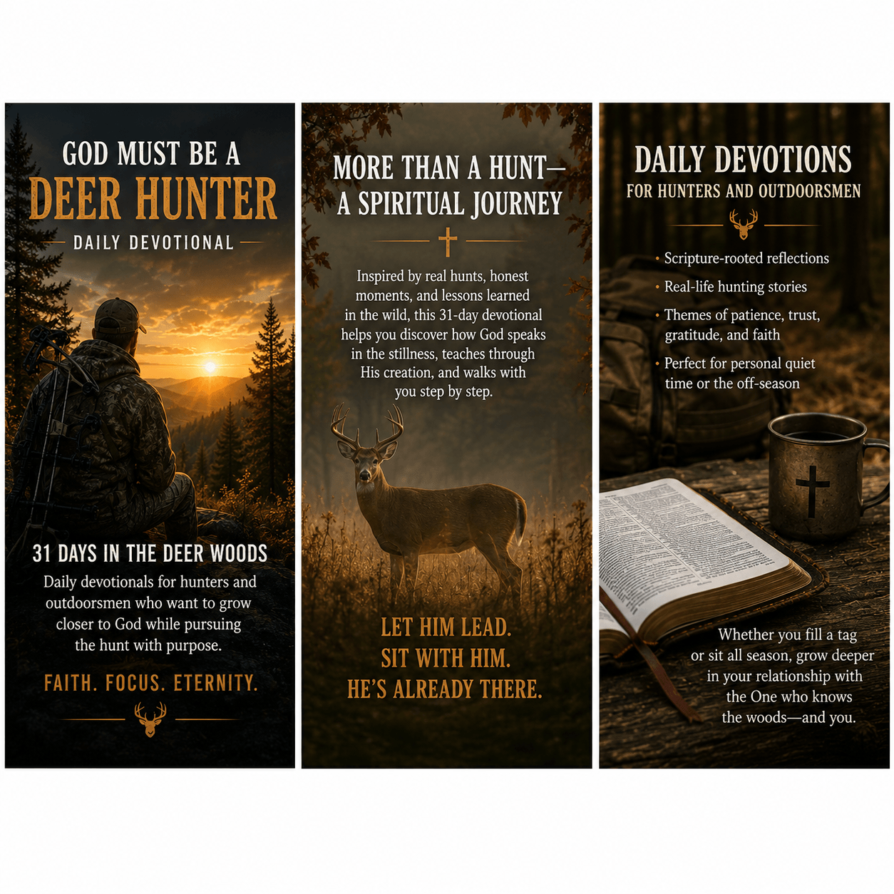 Christian devotional for hunters: faith, hunting, and spiritual reflection in nature with deer, Bible, and sunrise scenes