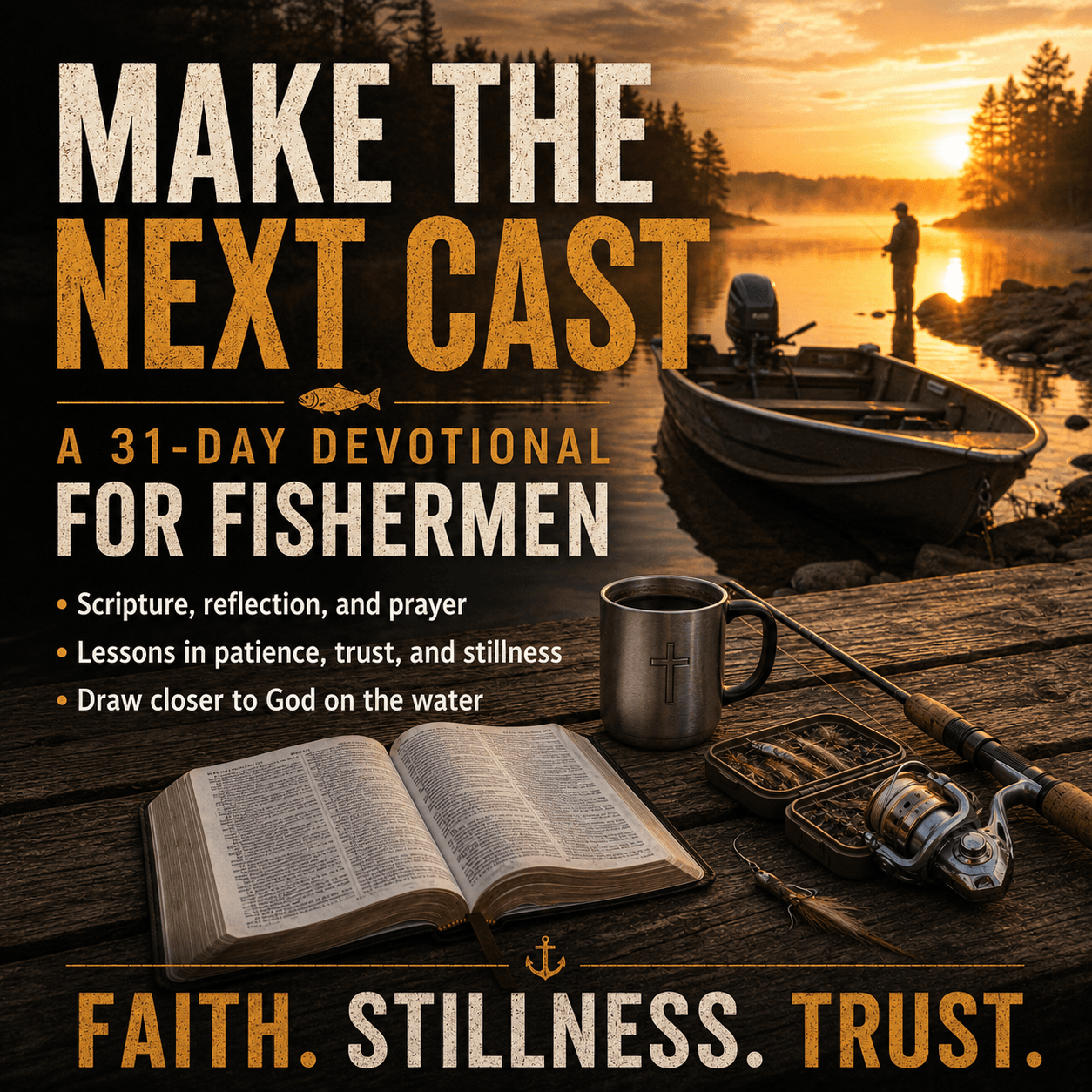 Make the Next Cast: 31-Day Devotional for Fishermen — Bible, fishing rod, and mug on dock at sunset, faith and stillness