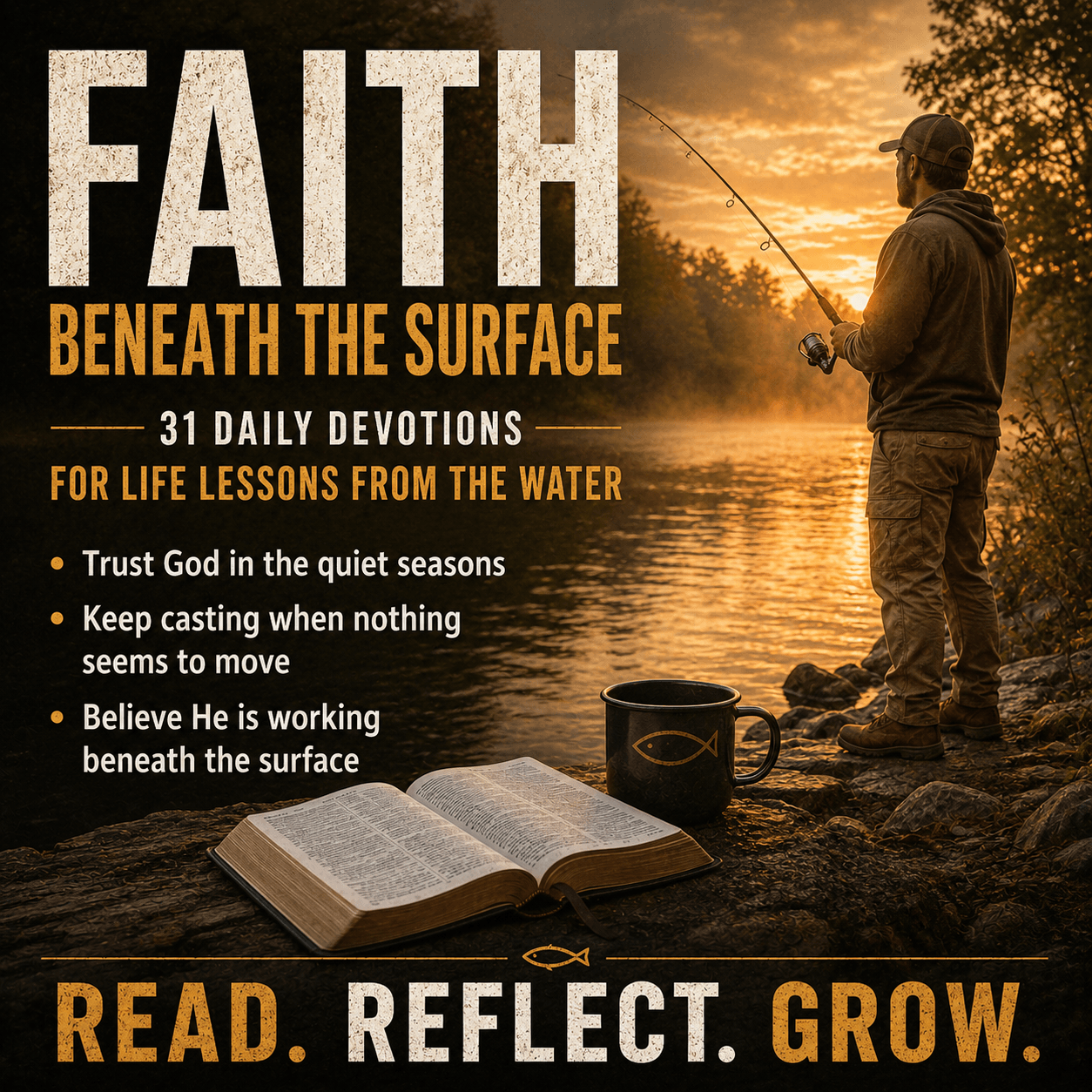 Man fly fishing at sunset beside open Bible and mug, promoting faith devotions from water