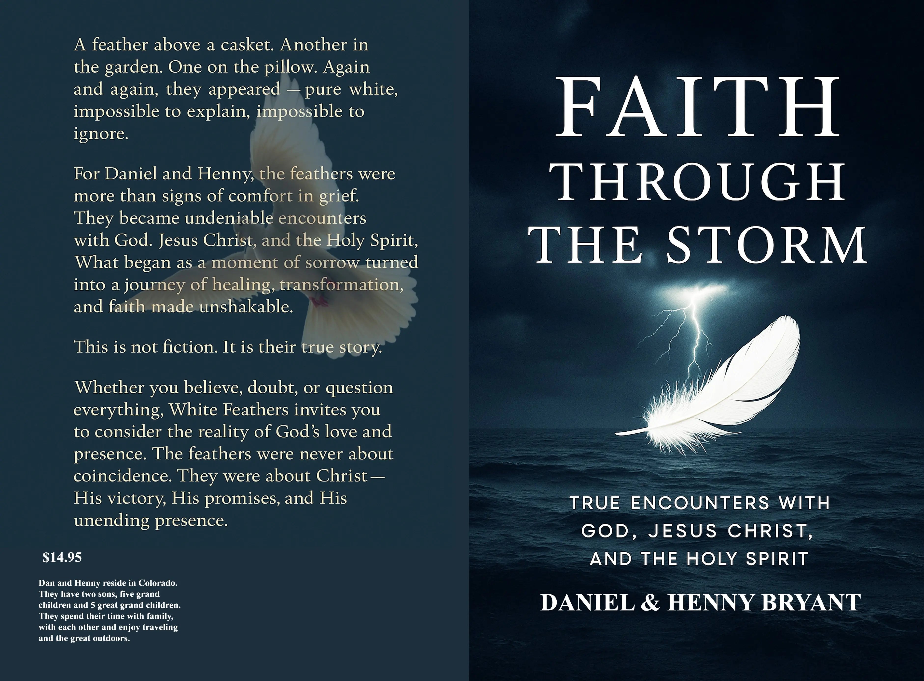 Faith Through the Storm Christian book cover with white feather, dark stormy ocean, and lightning