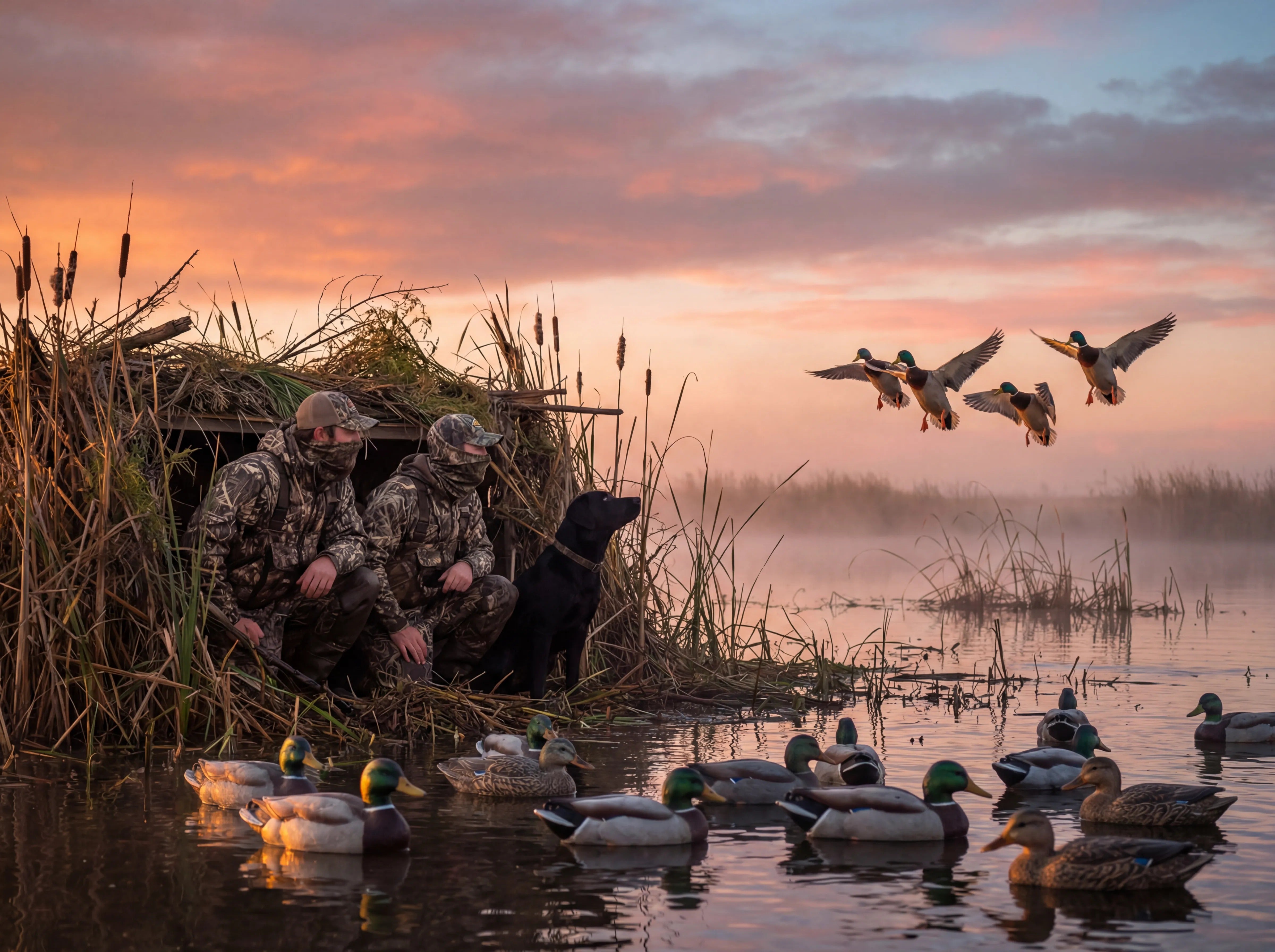 Duck hunters in camouflage with dog in marsh blind at sunrise, ducks flying and decoy spread