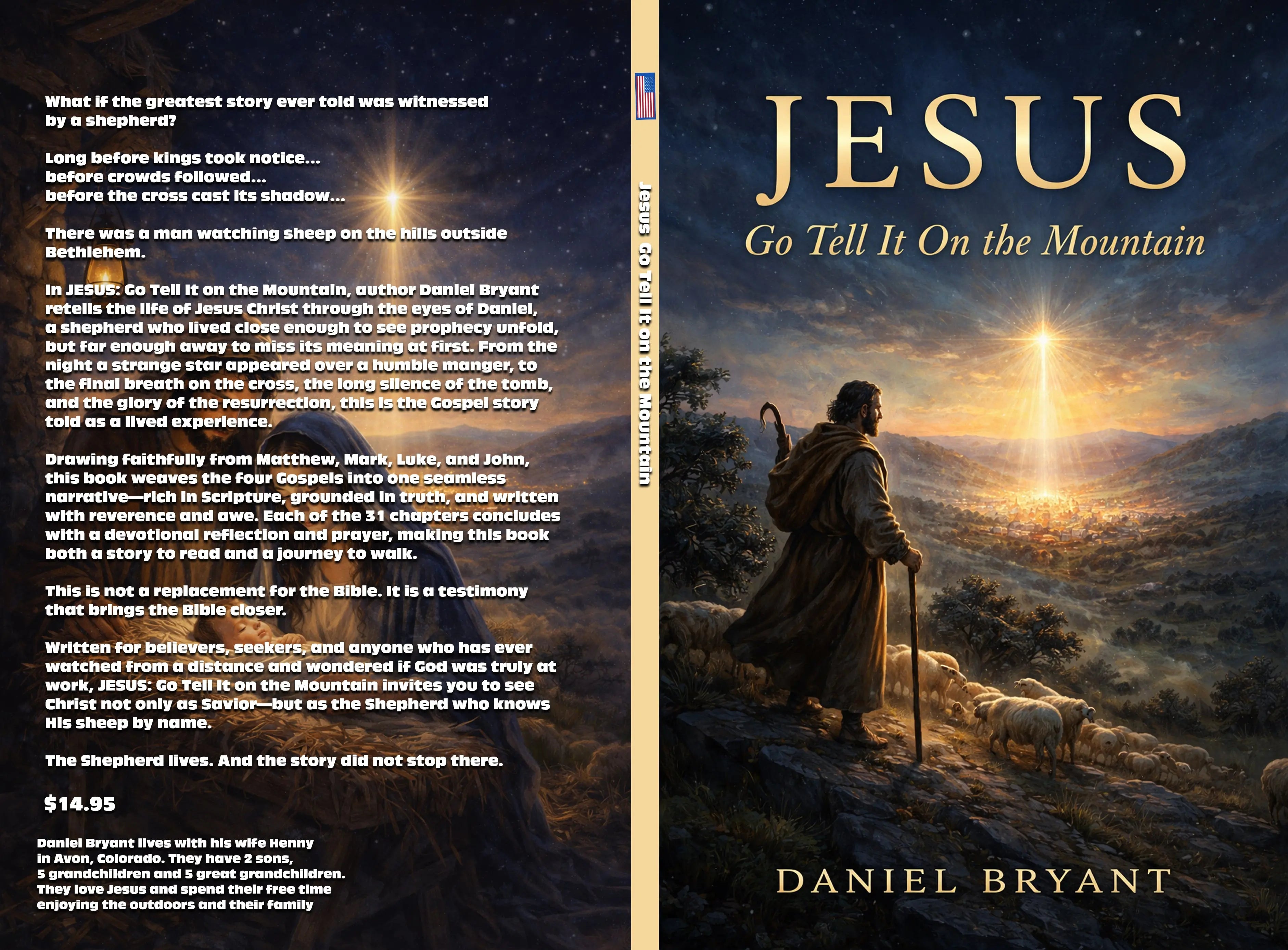 Book cover for 'Jesus: Go Tell It On the Mountain' featuring a shepherd with sheep overlooking Bethlehem at sunrise, with a radiant star shining above the city.
