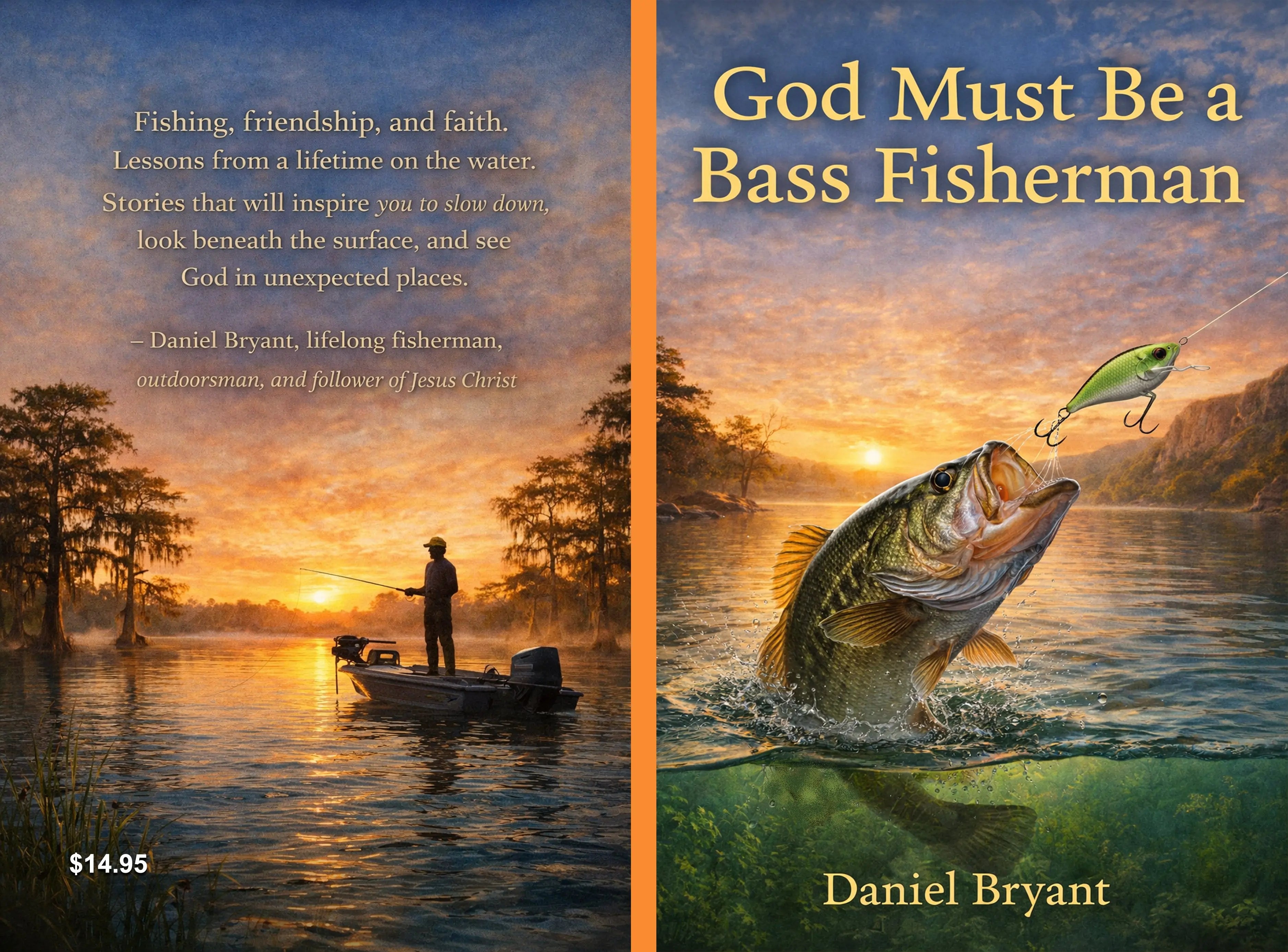 Book cover shows a fisherman on a boat at sunrise and a bass jumping for a lure in a lake.