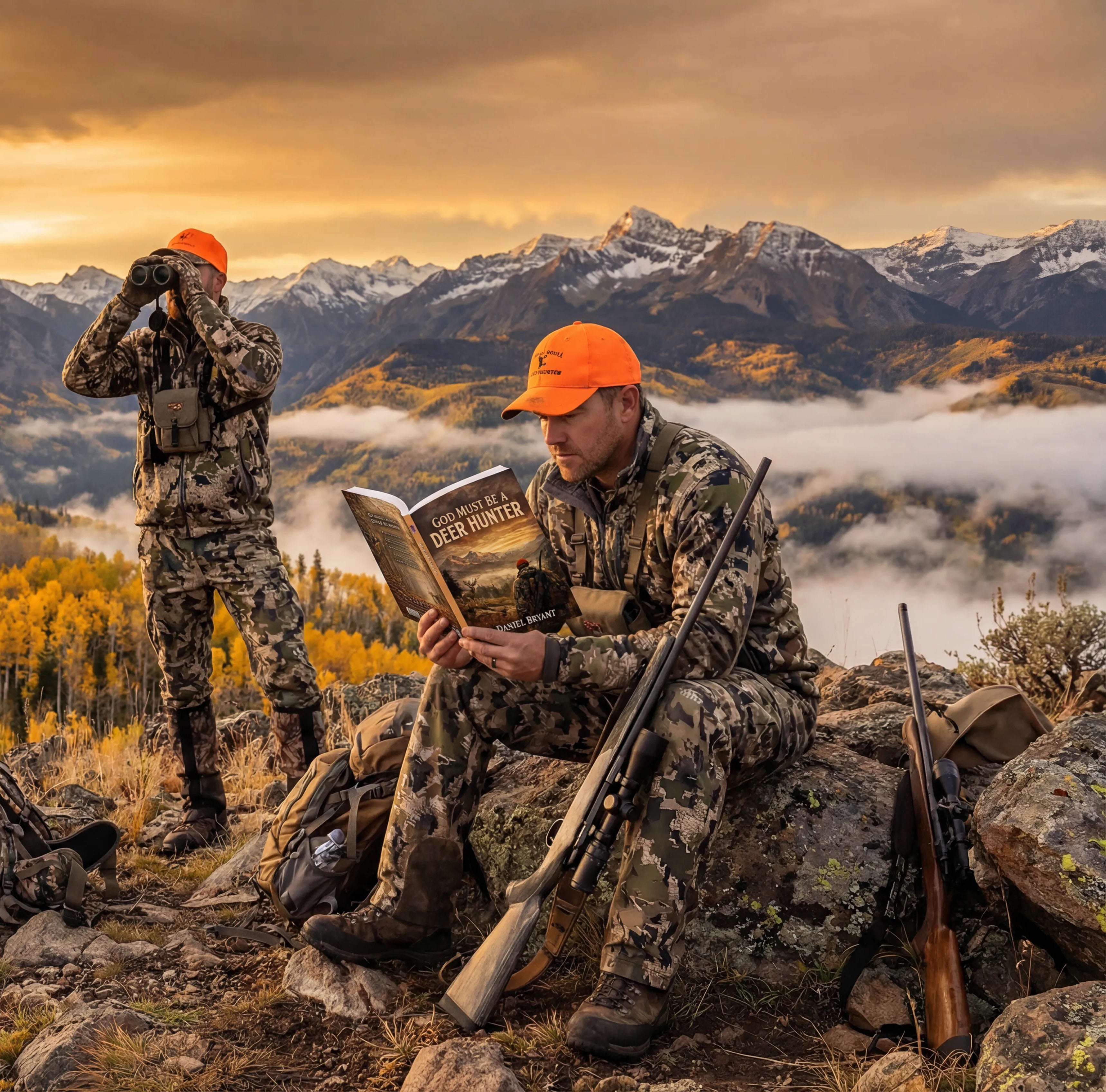 Hunters in camo and orange hats outdoors, one reading 'God Must Be a Deer Hunter' book at sunrise.