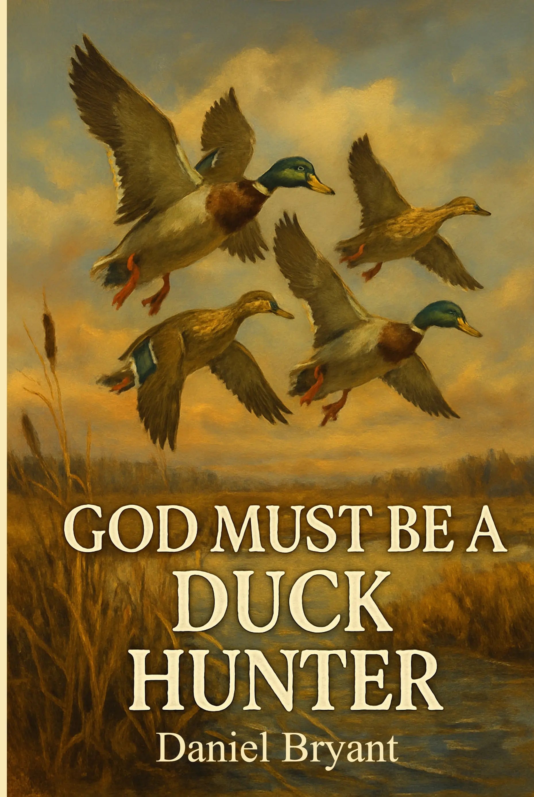Christian hunting book cover showing four mallard ducks flying over a marsh at sunset
