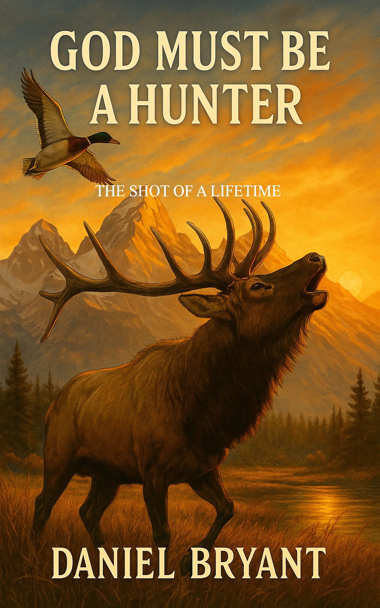 Book cover with elk and flying duck in a mountain landscape at sunset for Christian hunting devotional