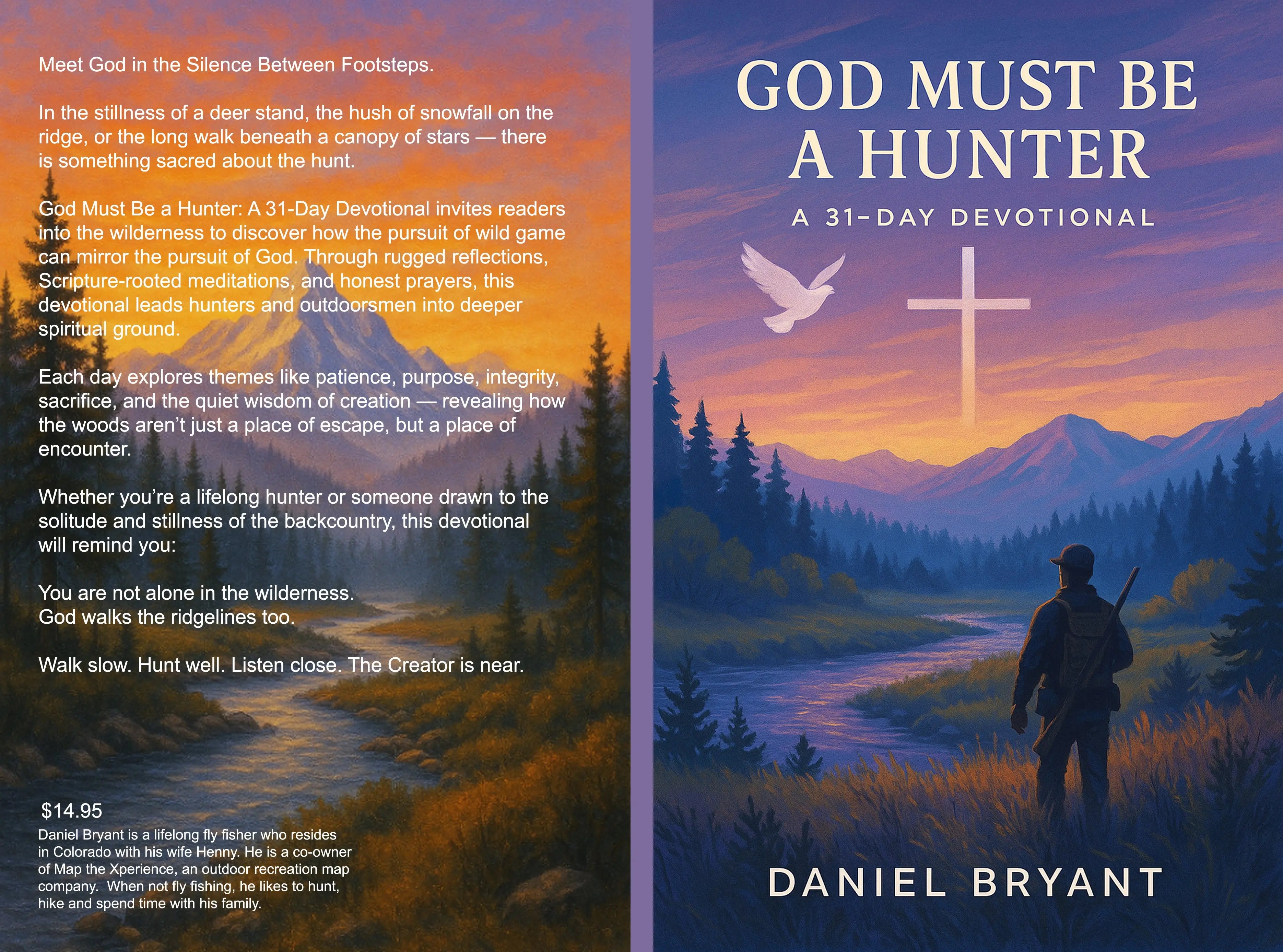 Christian hunting devotional book cover with wilderness scene, hunter, cross, and dove at sunset.