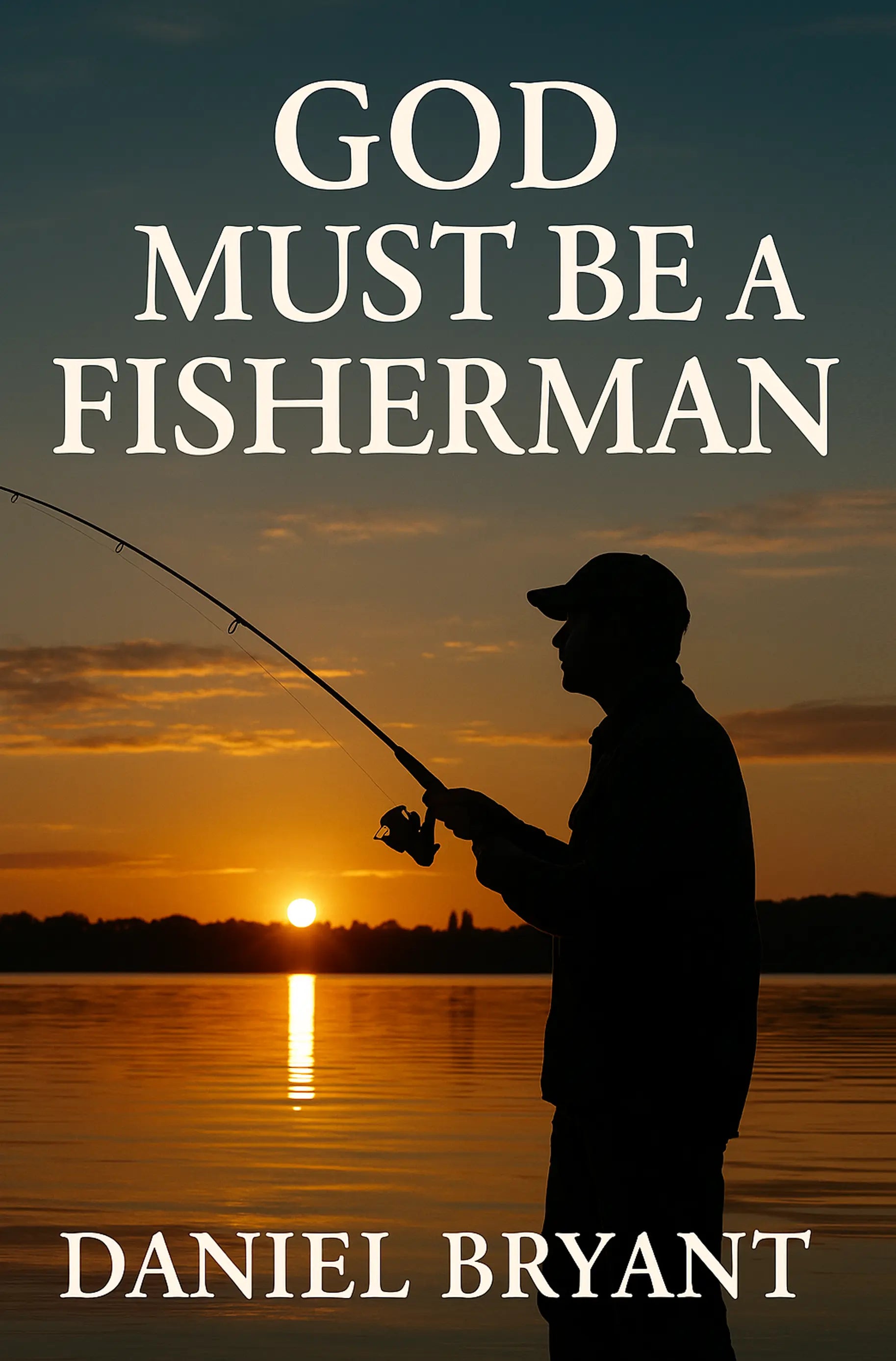 Christian fishing devotional book cover with angler silhouette at sunset, water reflection