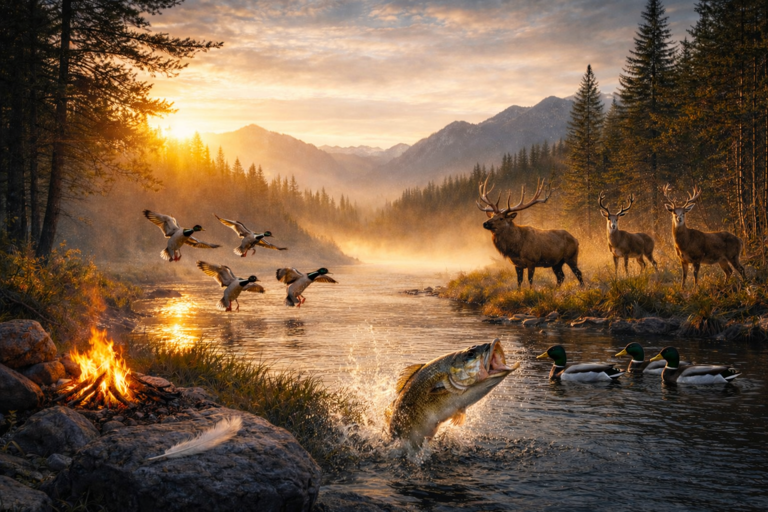 Sunrise woodland river with flying ducks, jumping fish, elk, and campfire in outdoor nature scene