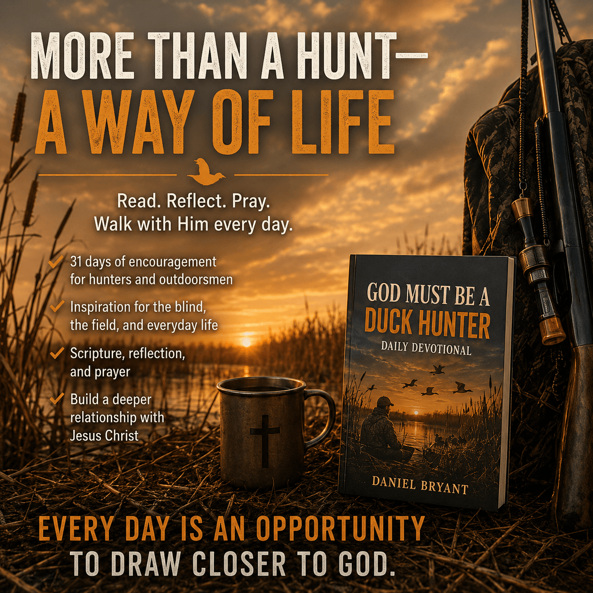God Must Be a Duck Hunter daily devotional book with a mug and gear at sunset.