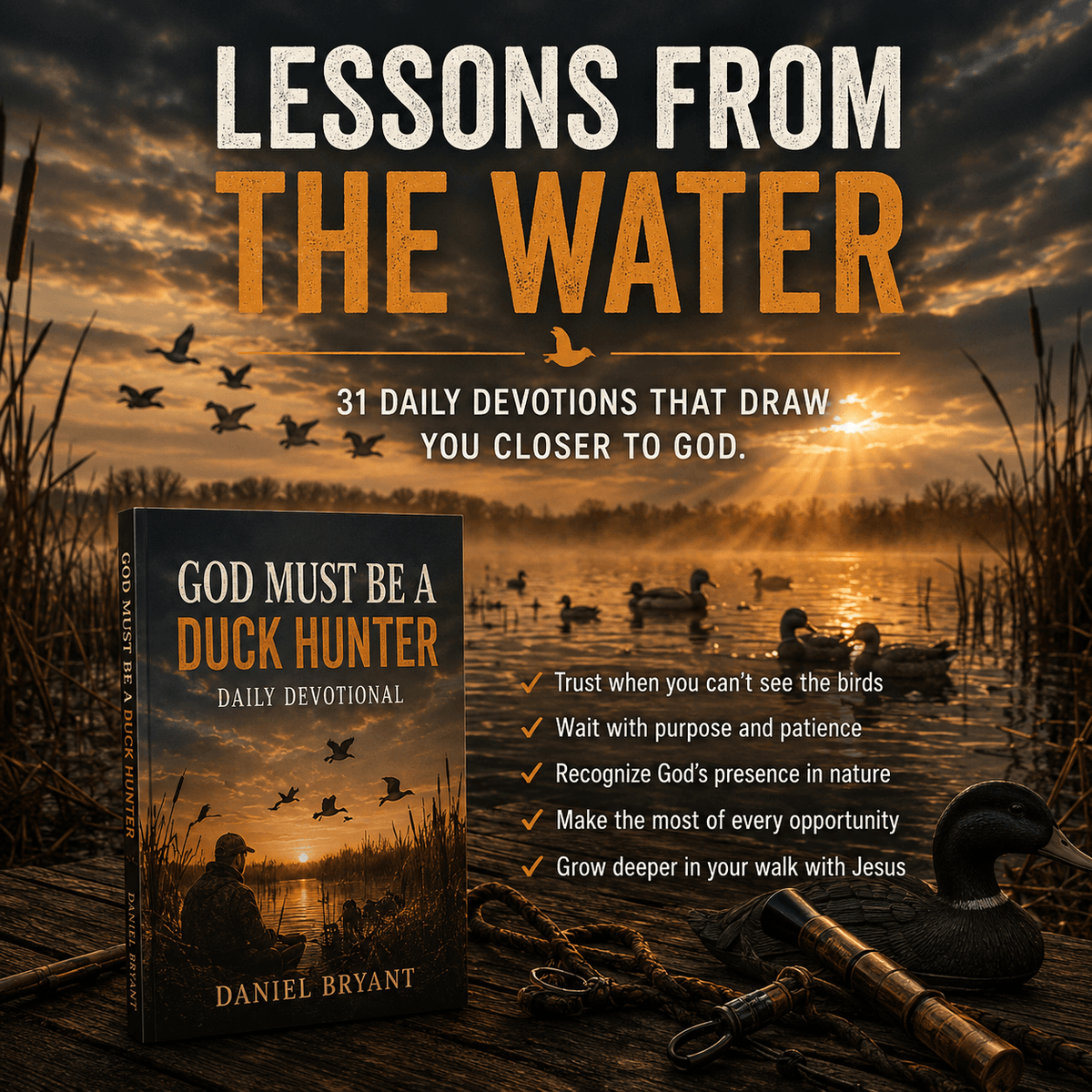 God Must Be a Duck Hunter daily devotional book by Daniel Bryant set against a sunset marsh landscape.