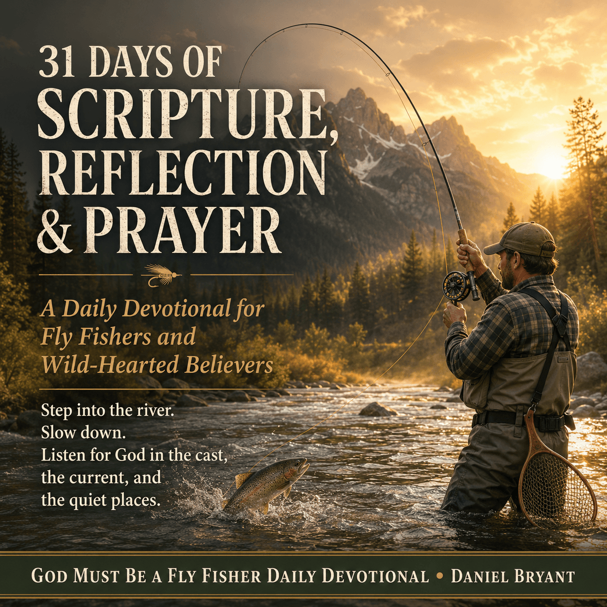 Fly fisher casting in a river, cover for 31 Days of Scripture, Reflection & Prayer devotional.